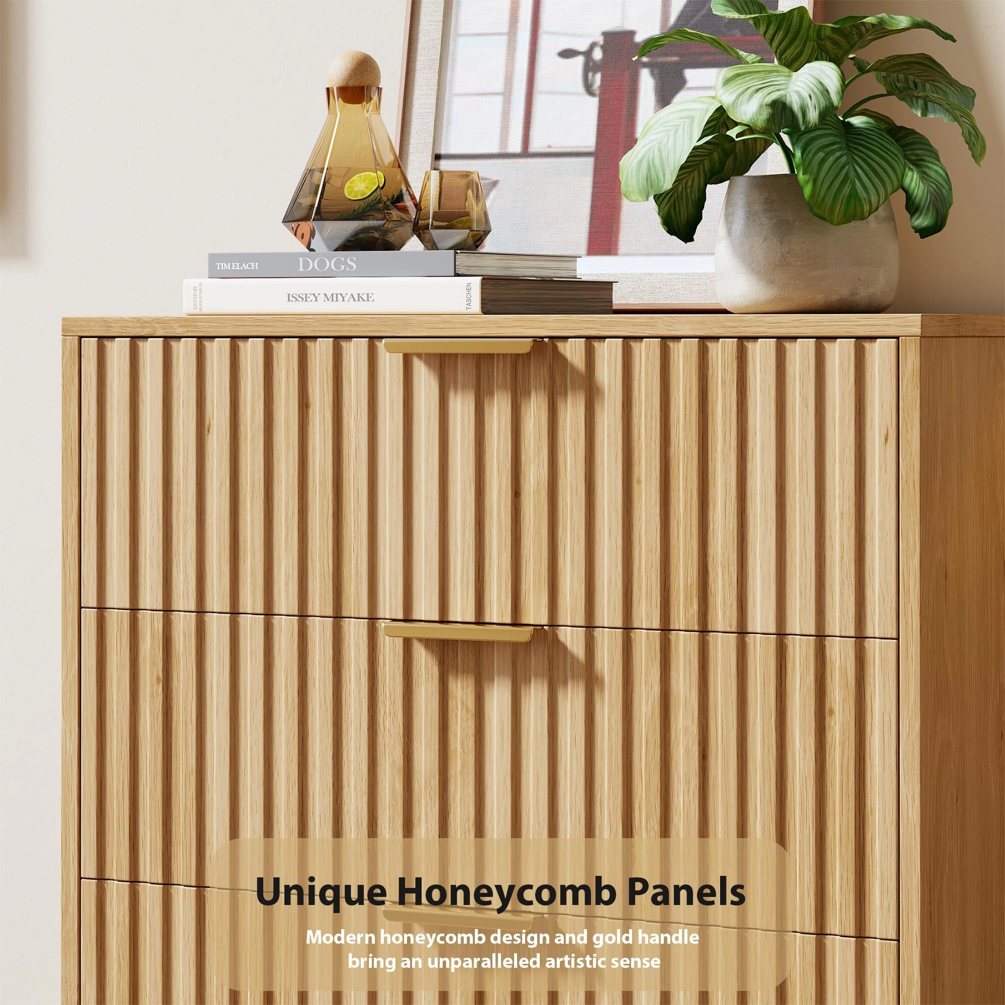 Fluted 3 Drawer Dresser Nightstand, Wooden Storage Side Table for Bedroom Living Room Hallway