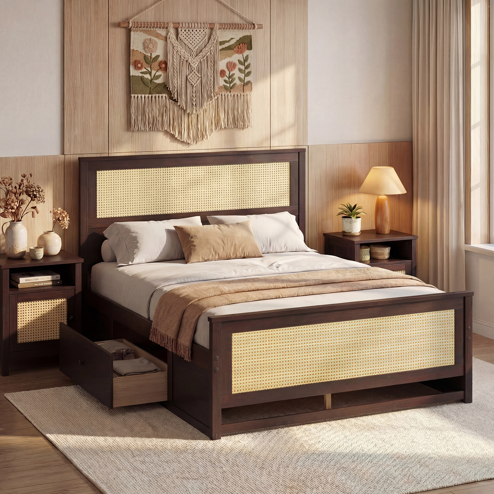 SUGIFT Full Rattan Platform Bed with Woven Boho Headboard and 2 Storage Drawers, Rustic Brown
