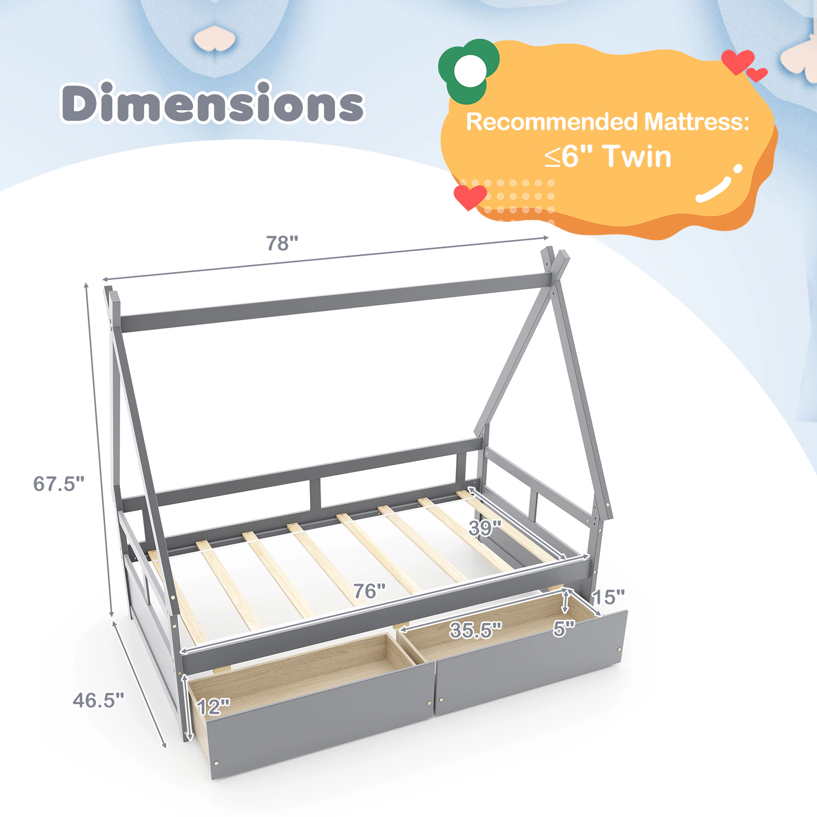 SUGIFT Roof Safety Guardrail and 2 Rolling Drawers 250-lb Twin Kids House Bed