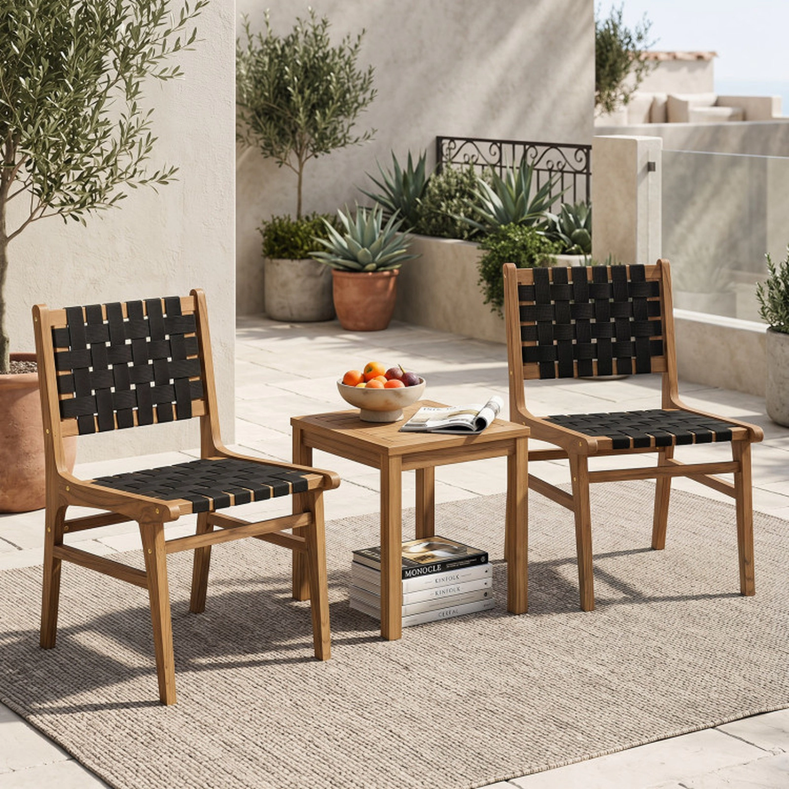 SUGIFT Teak Wood Armless Outdoor Patio Dining Chair with Woven Strap Seat
