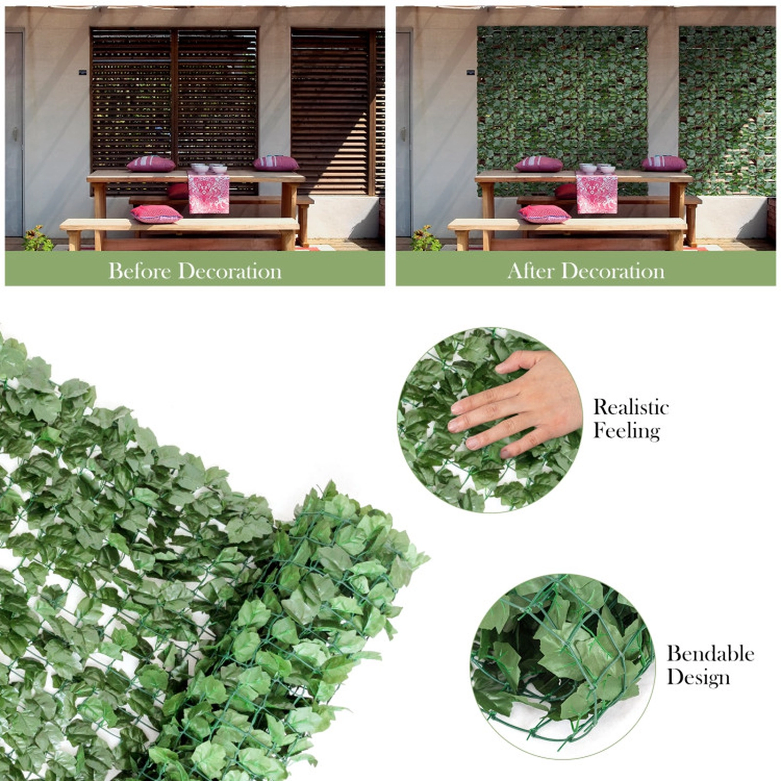 SUGIFT Faux Ivy Leaf Decorative Privacy Garden Trellis Fence 59-in x 118-in Panel PE Material Indoor/Outdoor Green