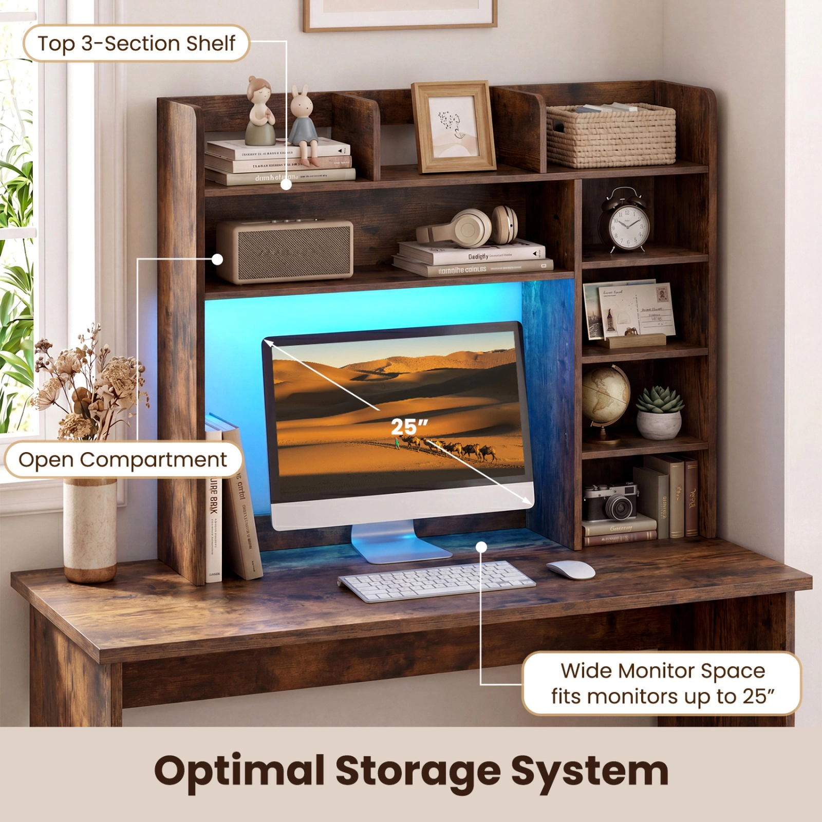 SUGIFT Rustic Brown 35.5 in Desktop Bookshelf with RGB LED Lights and Remote