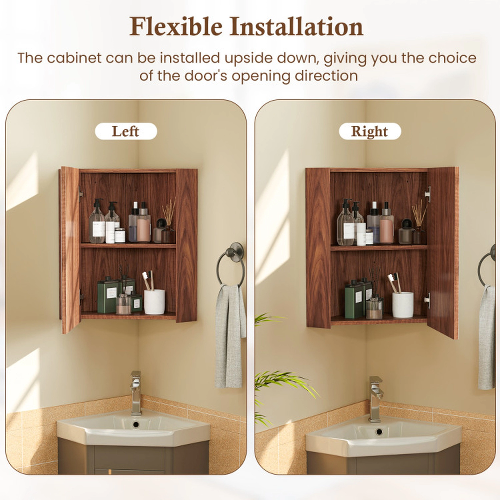 SUGIFT Corner Medicine Cabinet with Mirror Door and Adjustable Shelf 17.5-lb Shelf Capacity Brown/White