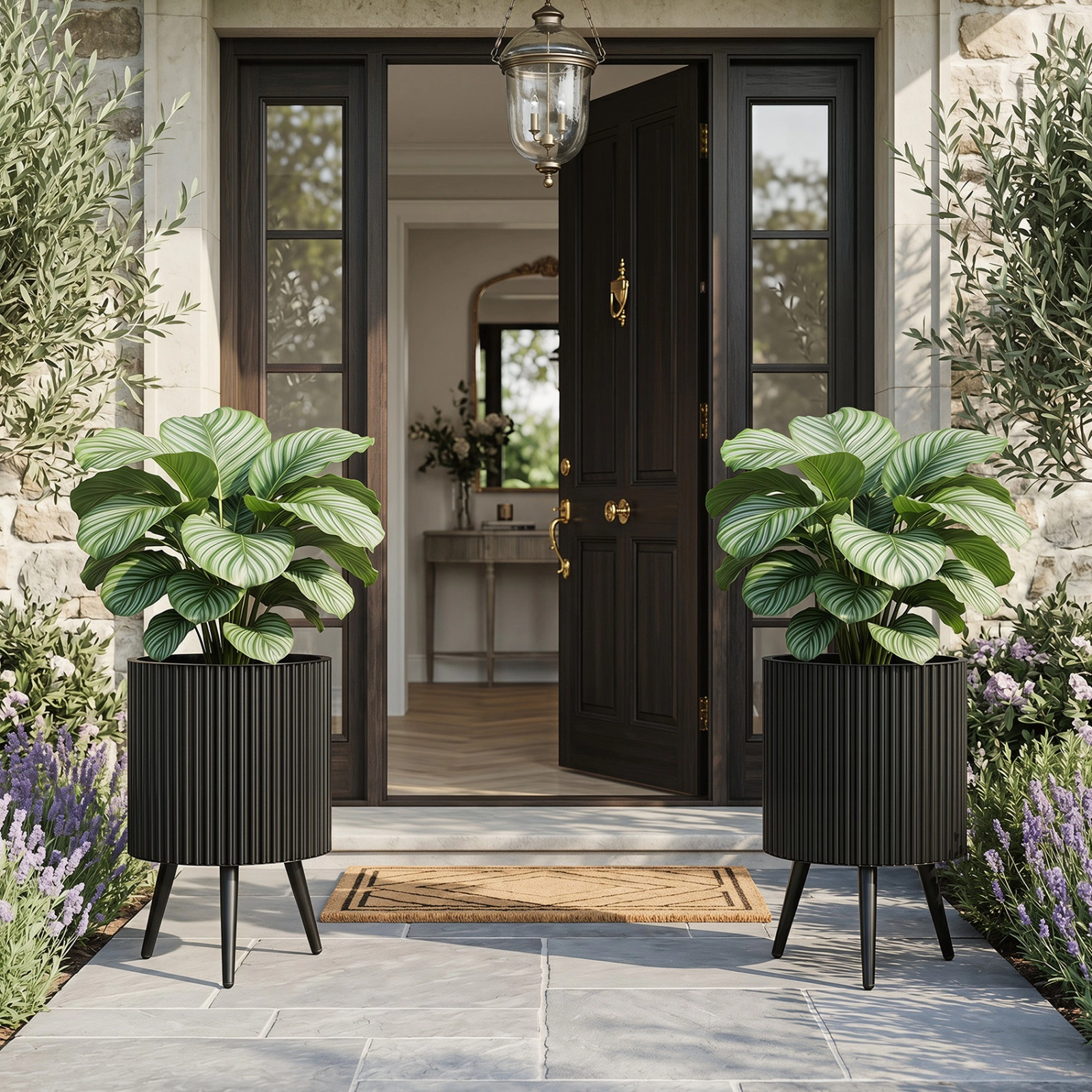 SUGIFT 14-in 110-lb Capacity Black Fluted Metal Plant Pot with Stand Tapered Legs and 3 Drain Holes