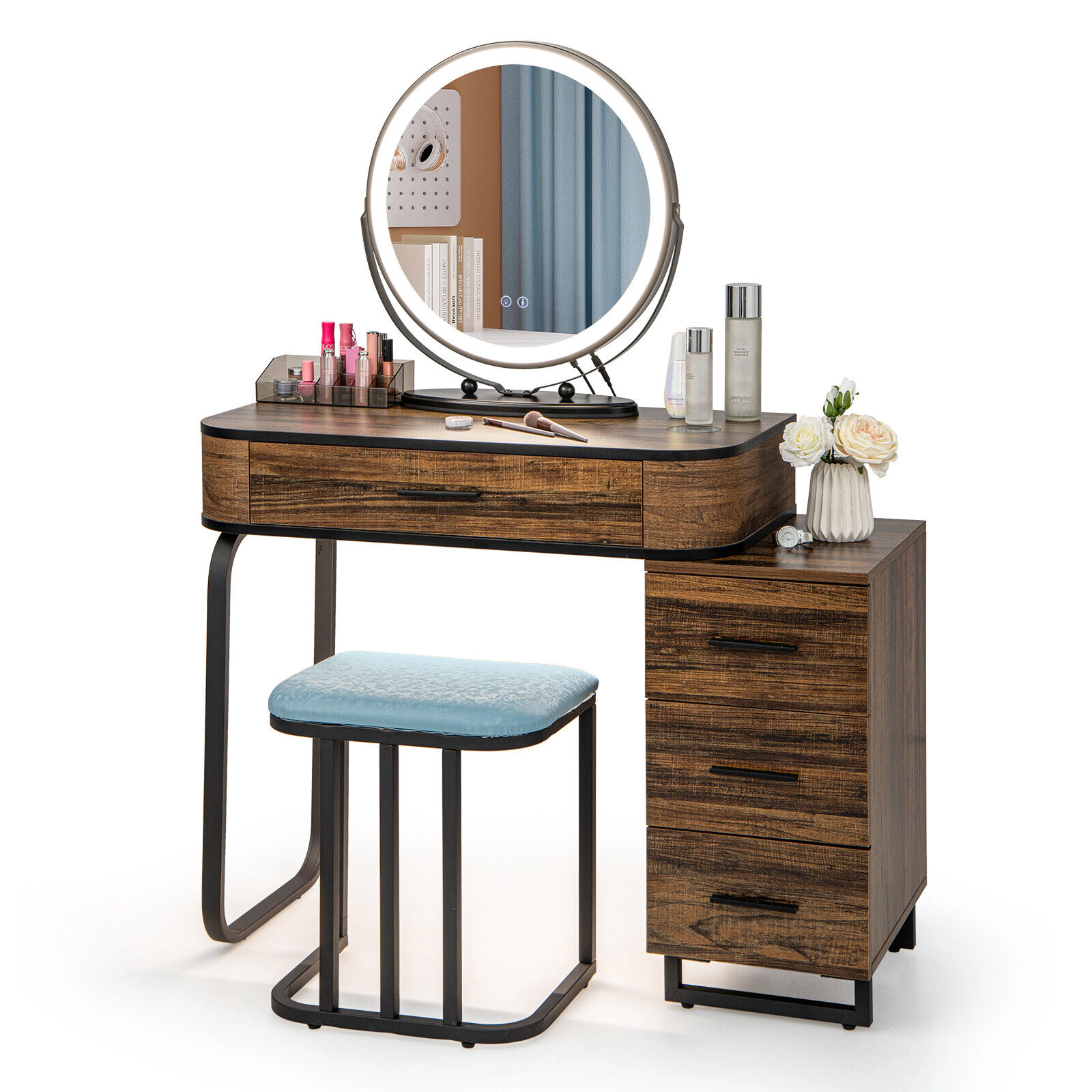 SUGIFT 4-Piece Vanity Table Set with 3-Color Lighted Mirror 110-lb Tabletop Capacity Wireless Charging Station Brown
