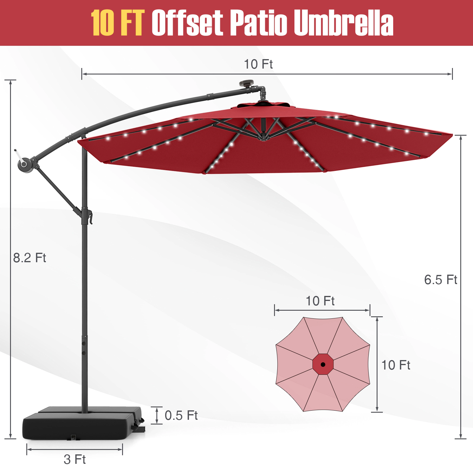 SUGIFT 10-ft Offset Cantilever Patio Umbrella with 40 Solar Powered Lights and Sand Bag Red