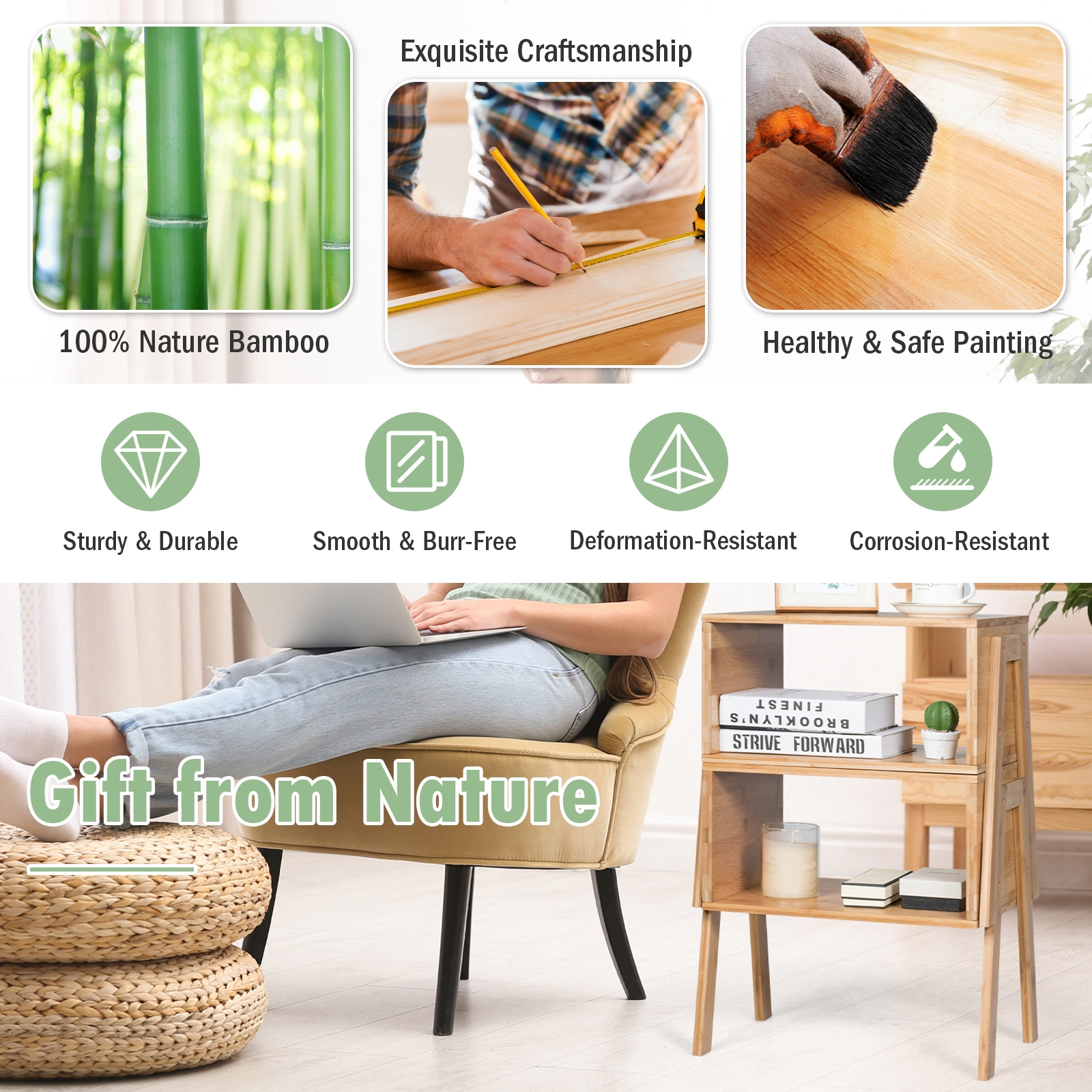 Glintex 2-Piece Stackable Bamboo Side Table Set with Open Storage Compartment, Natural
