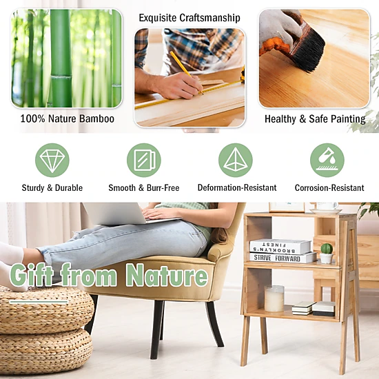 Glintex 2-Piece Stackable Bamboo Side Table Set with Open Storage Compartment, Natural