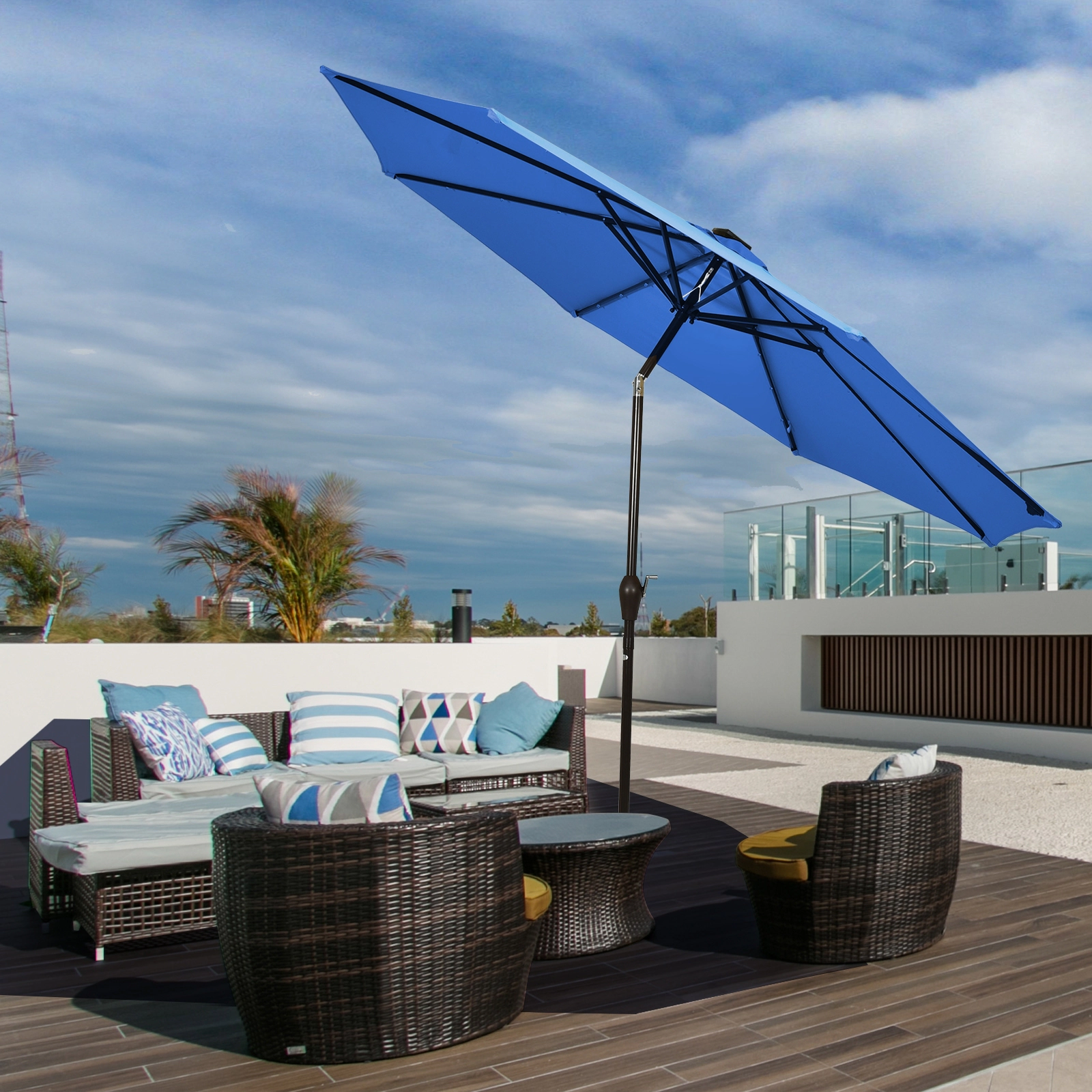 SUGIFT Blue Solar Patio Market Umbrella with Crank Lift Tilt Adjustment and 24 LED Lights 10-ft Dia 8.2-ft H