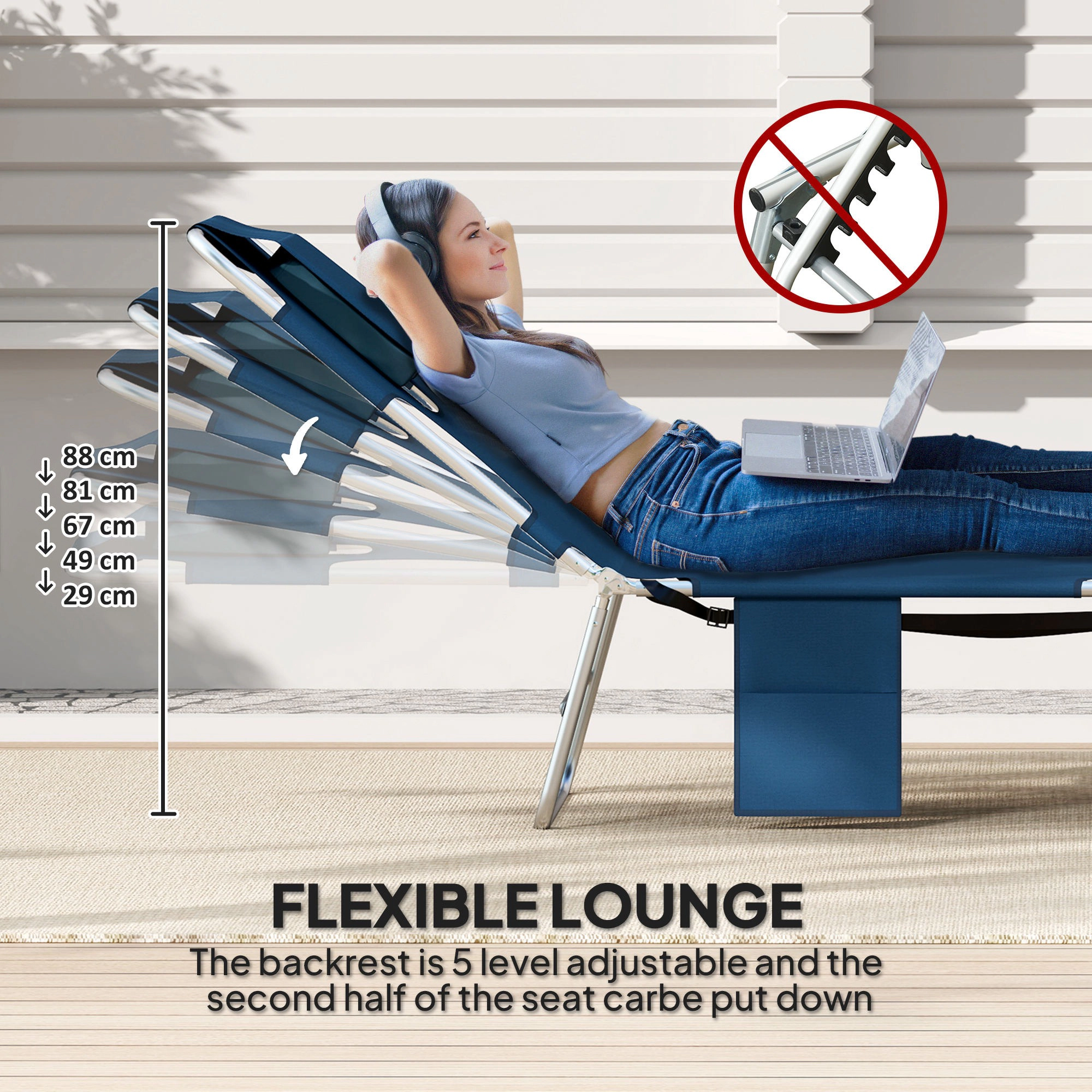 HONGGE Tanning Chair with Face Hole, 5-Level Adjustable Outdoor Chaise Lounge Pillow for Beach, Pool