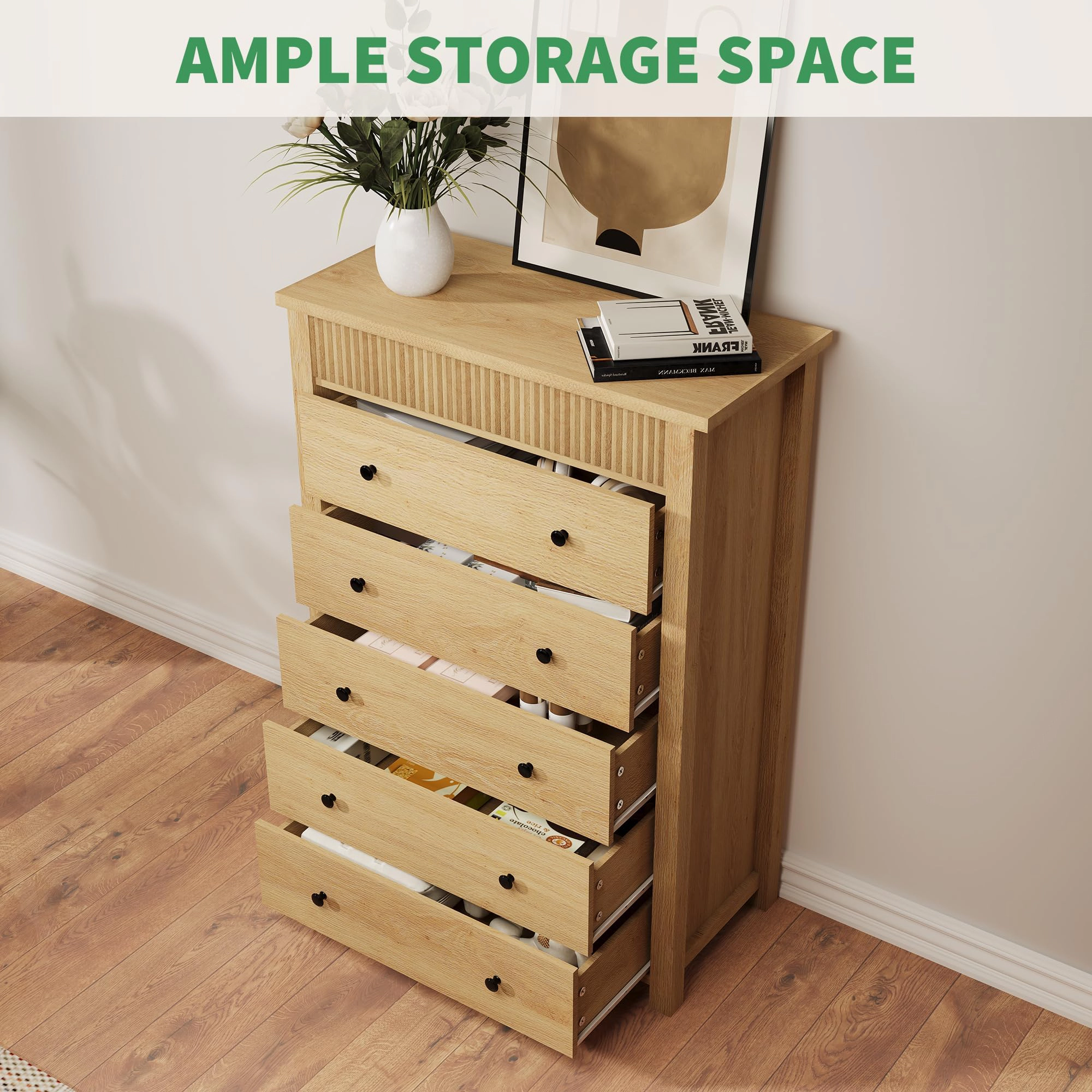 Modern Fluted 5 Drawer Tall Dresser, 31.5" Wide Wooden Storage Chest for Bedroom