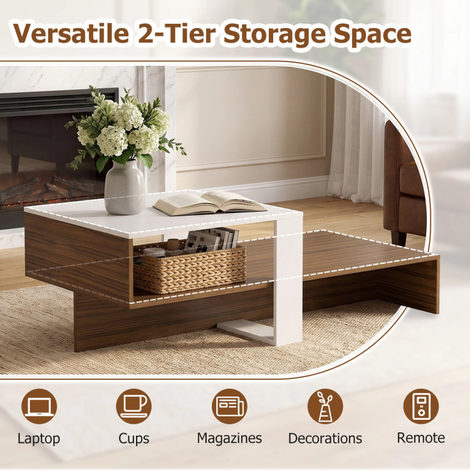 SUGIFT 2-Tier Irregular Offset Brown Open Shelf Low Modern Coffee Table 39.5-in x 21-in x 13-in 66-lb Capacity White
