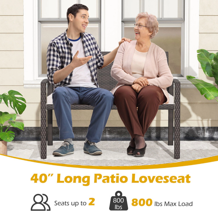 Hivvago Wicker 2-Seat Bench with Soft Seat Cushion and Metal Frame-White