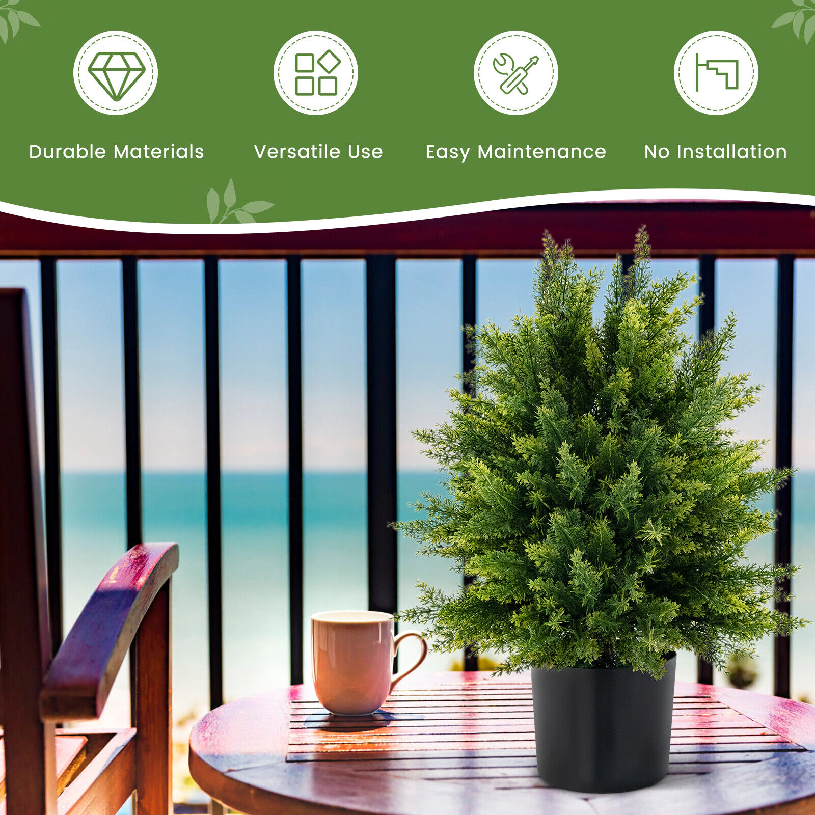 Slickblue 22 in Faux Cedar Topiary Trees Set of 2 for Porch Entryway Decor