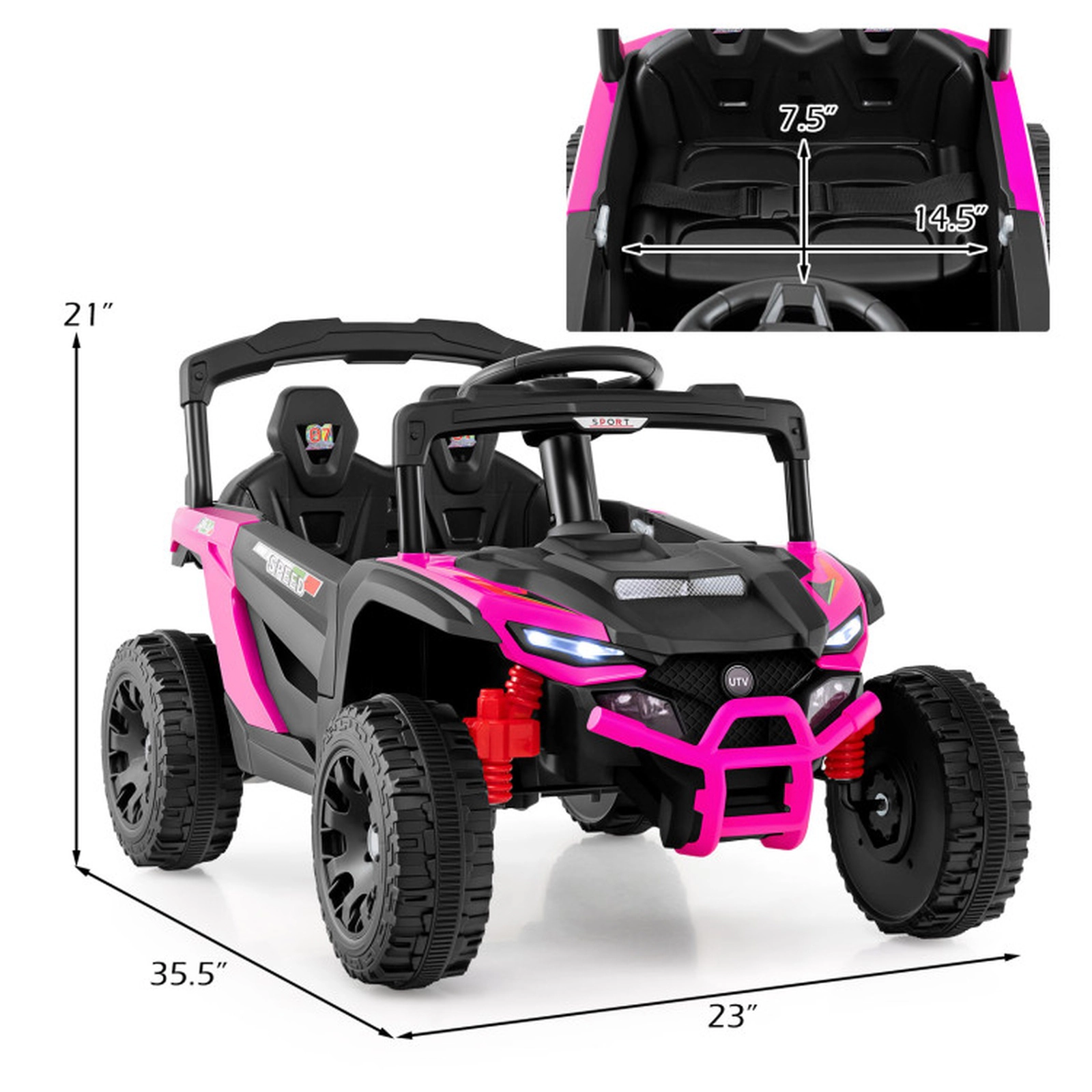 SUGIFT 12V Electric Ride On UTV Car with Remote, LED Lights, Music and Horn 66-lb Capacity Ages 3+ Hot Pink 35.5-in Long