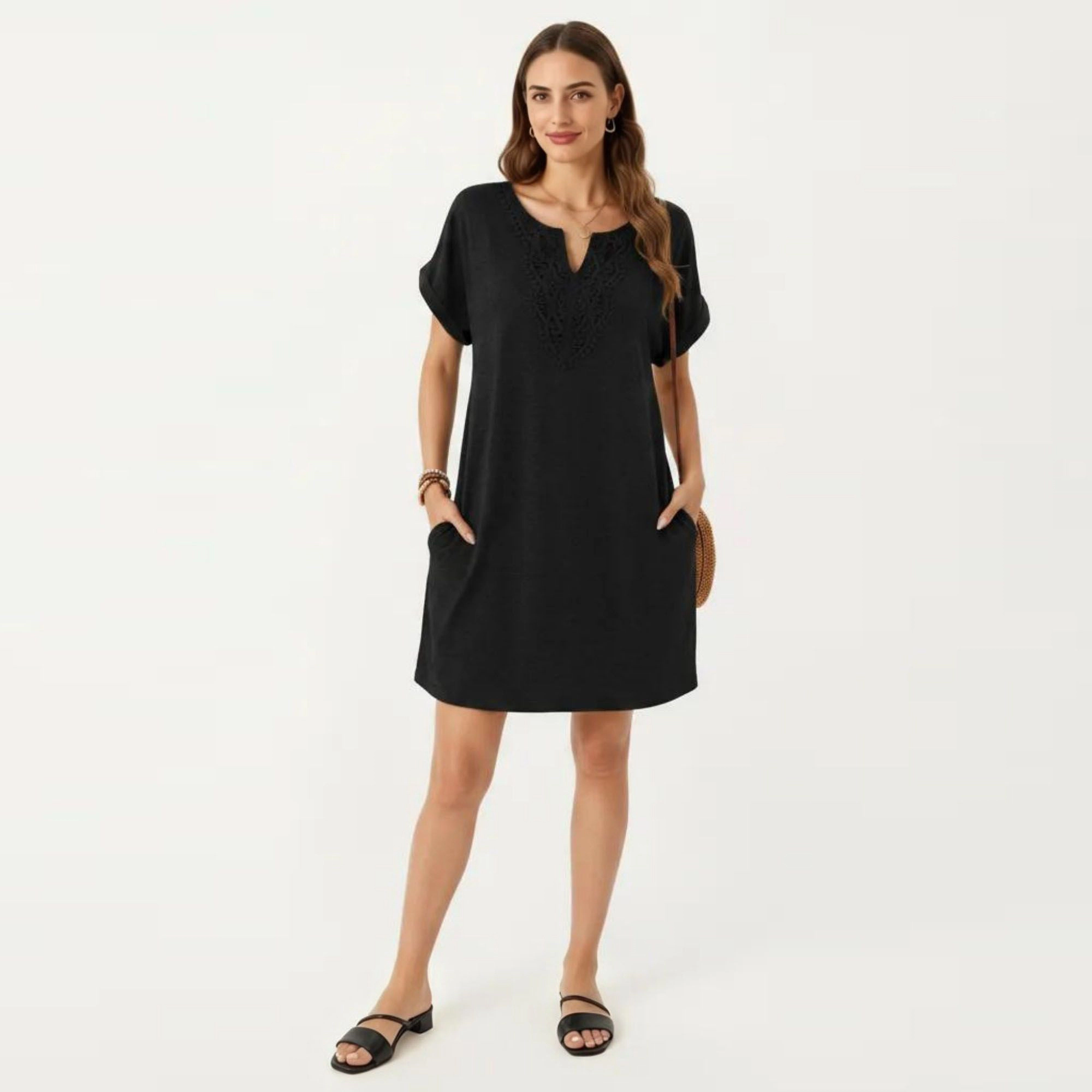 Anna-Kaci Women's Short Sleeve Split V Neck Embroidered Detail Relaxed Fit Casual Tunic Shift Dress