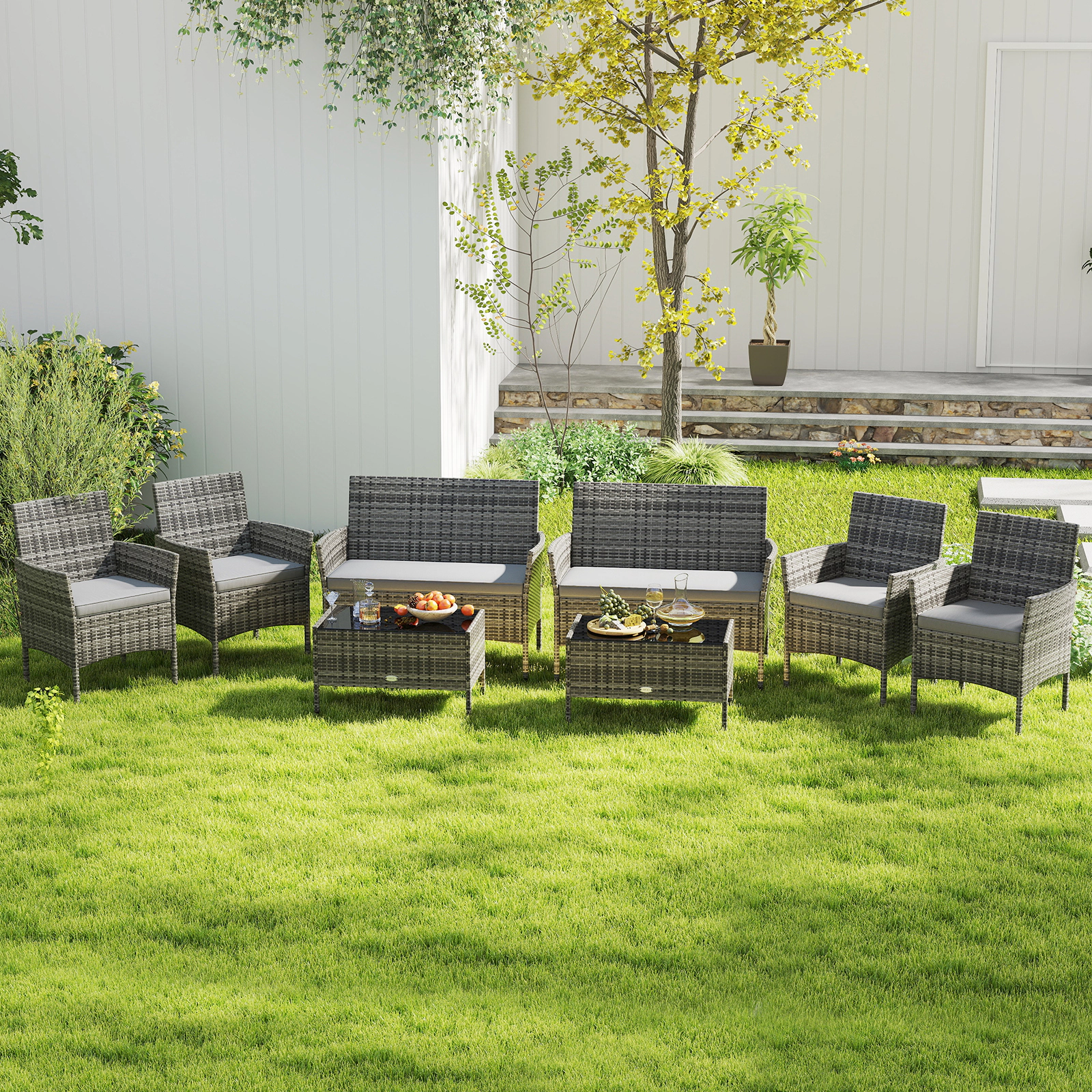 SUGIFT 4-Piece Patio PE Rattan Conversation Set with Tempered Glass Coffee Table 800-lb Loveseat Capacity Mix Gray