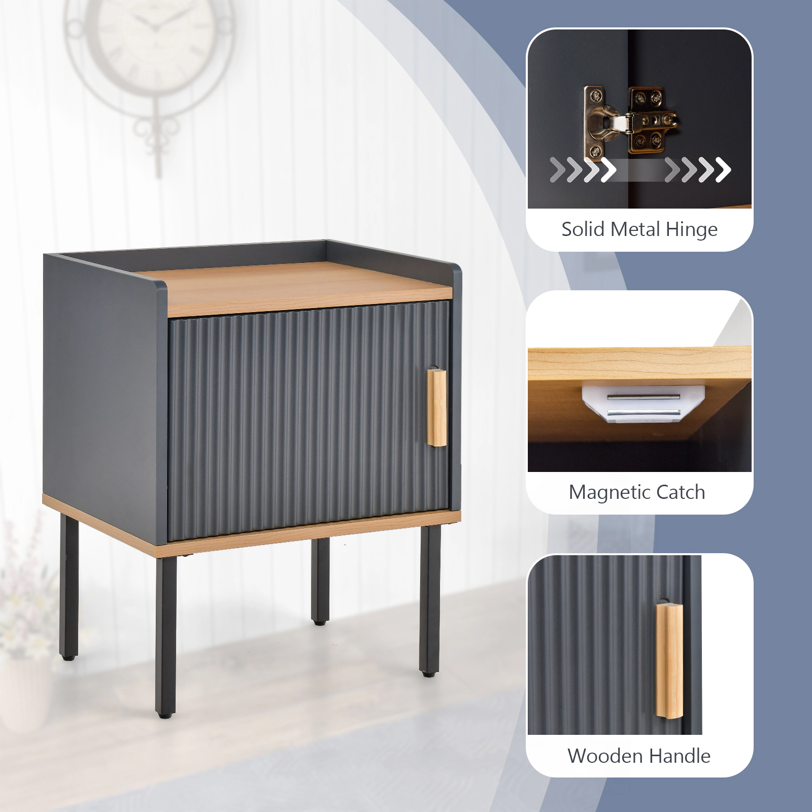 Glintex Nightstand with Single-Door Cabinet Raised Edge Top and Metal Legs, Gray