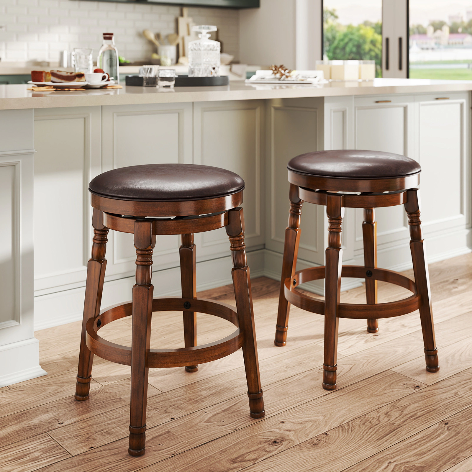 SUGIFT Round Padded Leather Seat Set of 2 Walnut 24 in Swivel Backless Bar Stools