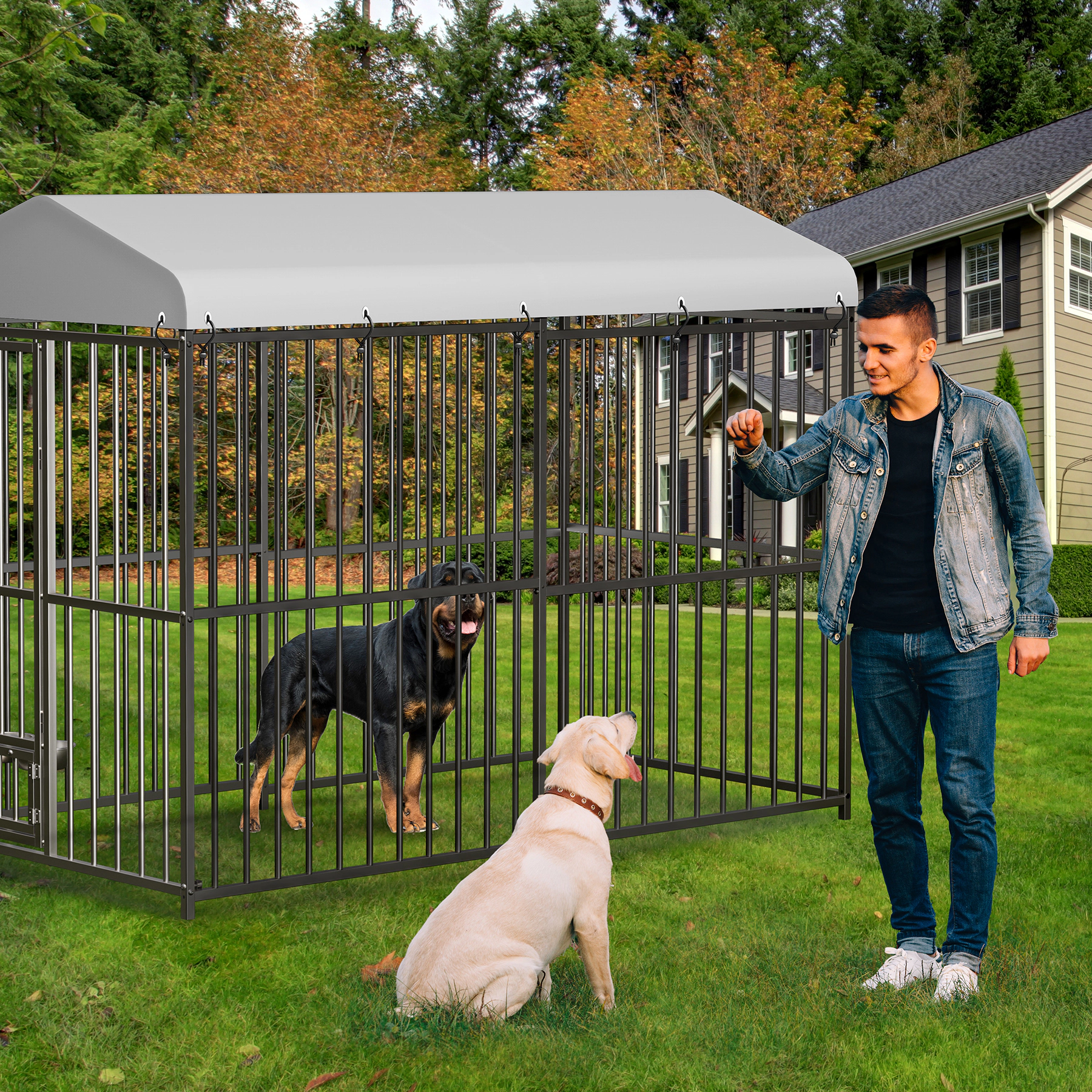 8x4x6 FT Outdoor Dog Kennel, Metal Pet Cage with Lock & Waterproof Roof for Medium Dogs