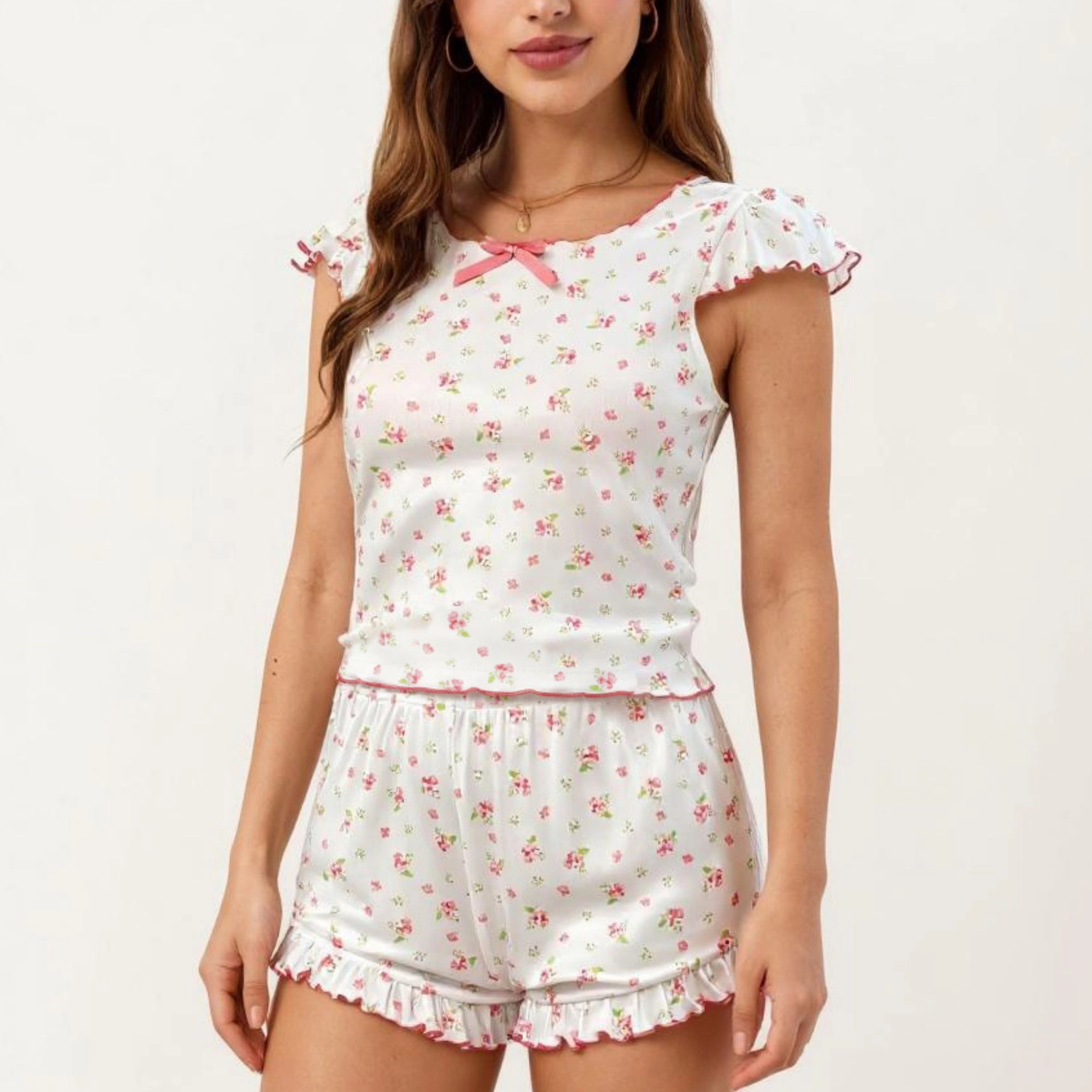 Anna-Kaci Women's Floral Print Short Sleeve Sleepwear Set with Ruffled Hem and Contrast Trim
