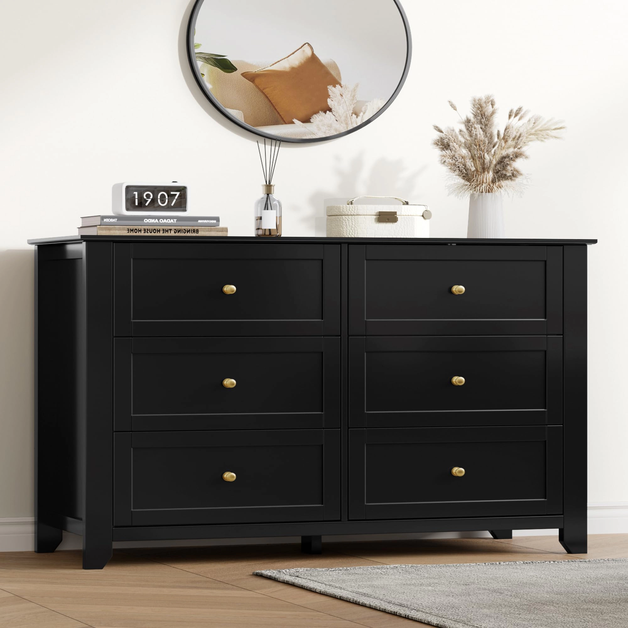 6 Drawer Dresser with Metal Knobs,  54" Wide Wooden Double Storage Chest for Bedroom Entryway Hallway