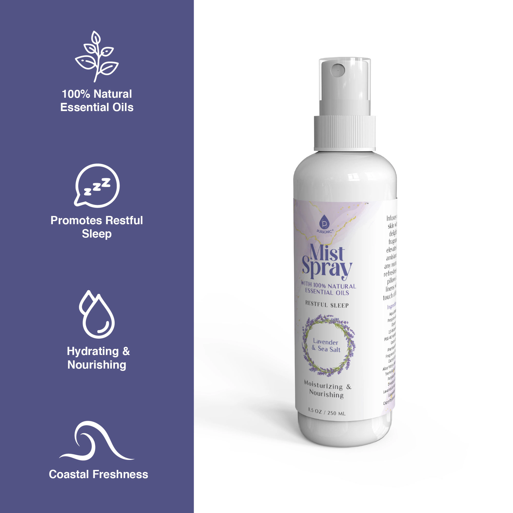 Pursonic Unisex Aromatherapy & Wellness Mist Spray Set: Lavender & Sea Salt Body, Linen & Room Sprays (3-Pack)