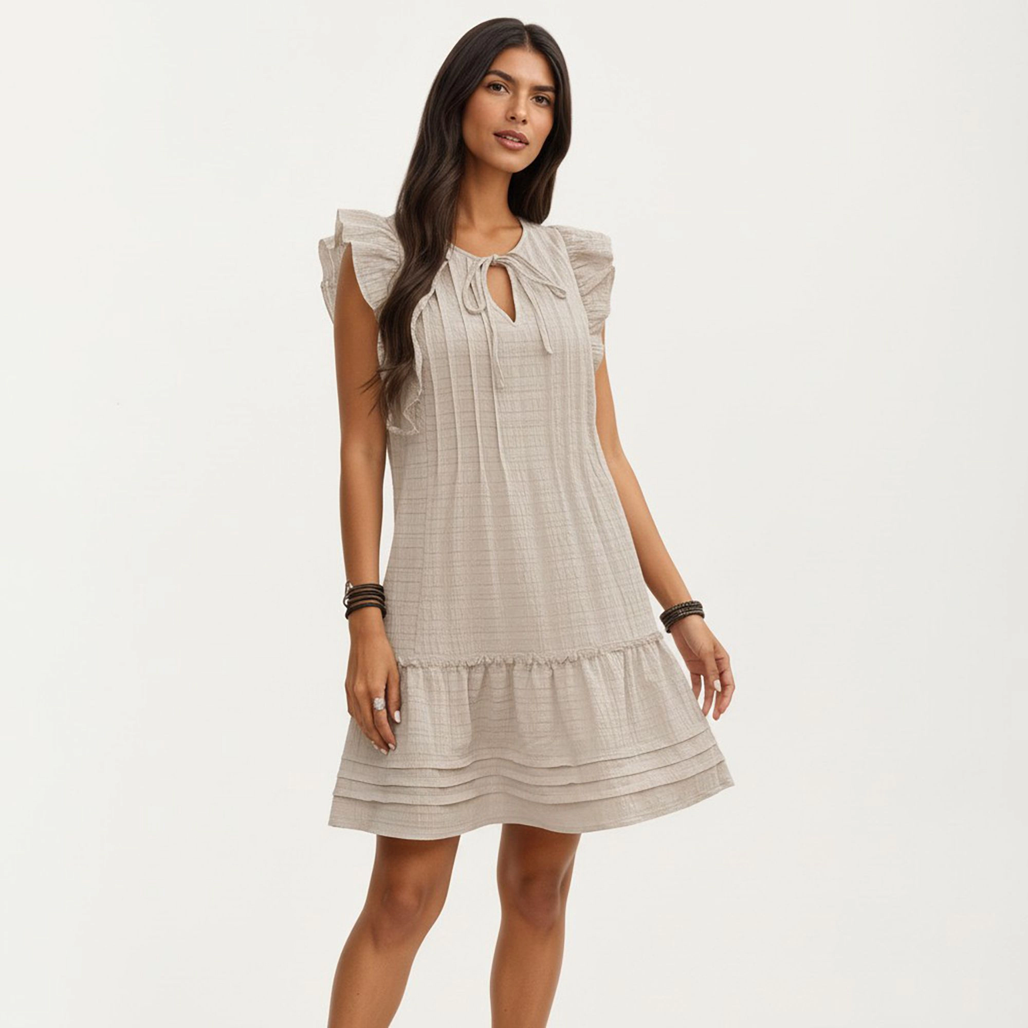 Anna-Kaci Women's Ruffle Tie Neck Detail Tiered Hem Mini Dress