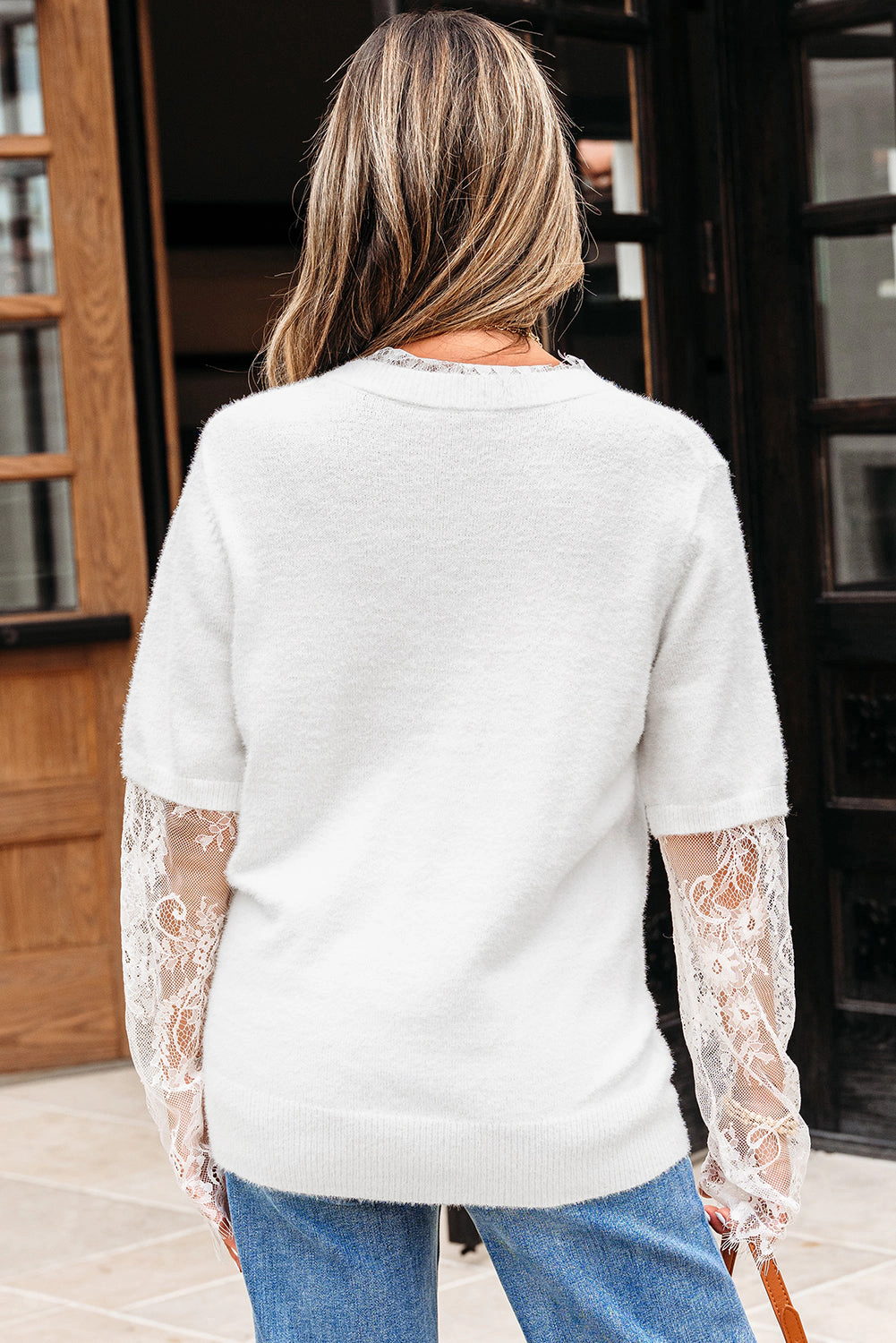 Threaded Pear Women's Samantha Lace Sleeve Two-piece Fuzzy Sweater