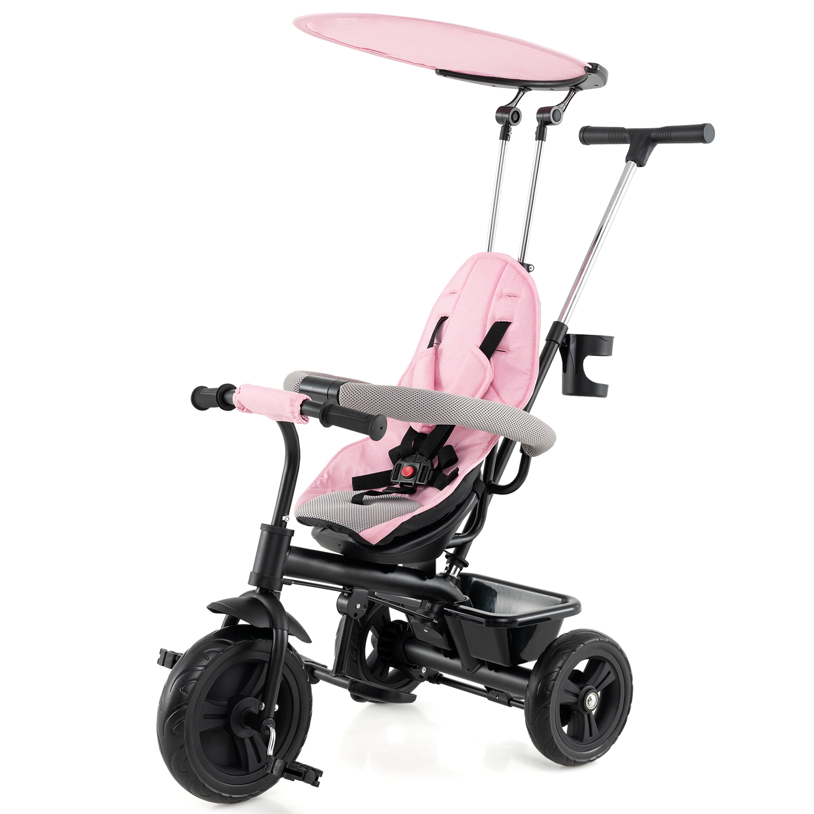 SUGIFT Toddler Pink 7-in-1 Baby Tricycle with Adjustable Canopy 38-in W 41-in to 55-in H 55-lb Seat Capacity