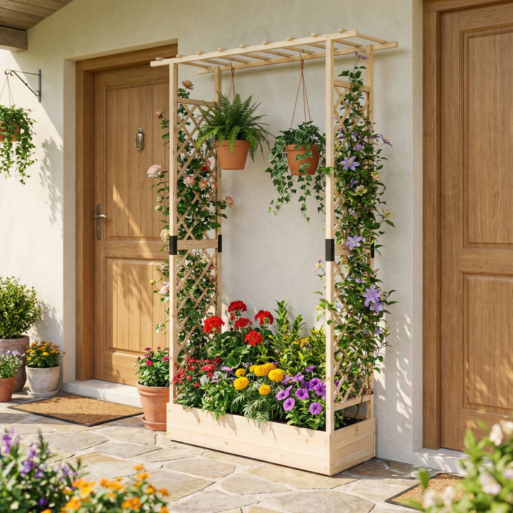 Hivvago 89 Inch Tall Wooden Raised Garden Bed with Side Trellis and Hanging Roof Drainage Holes
