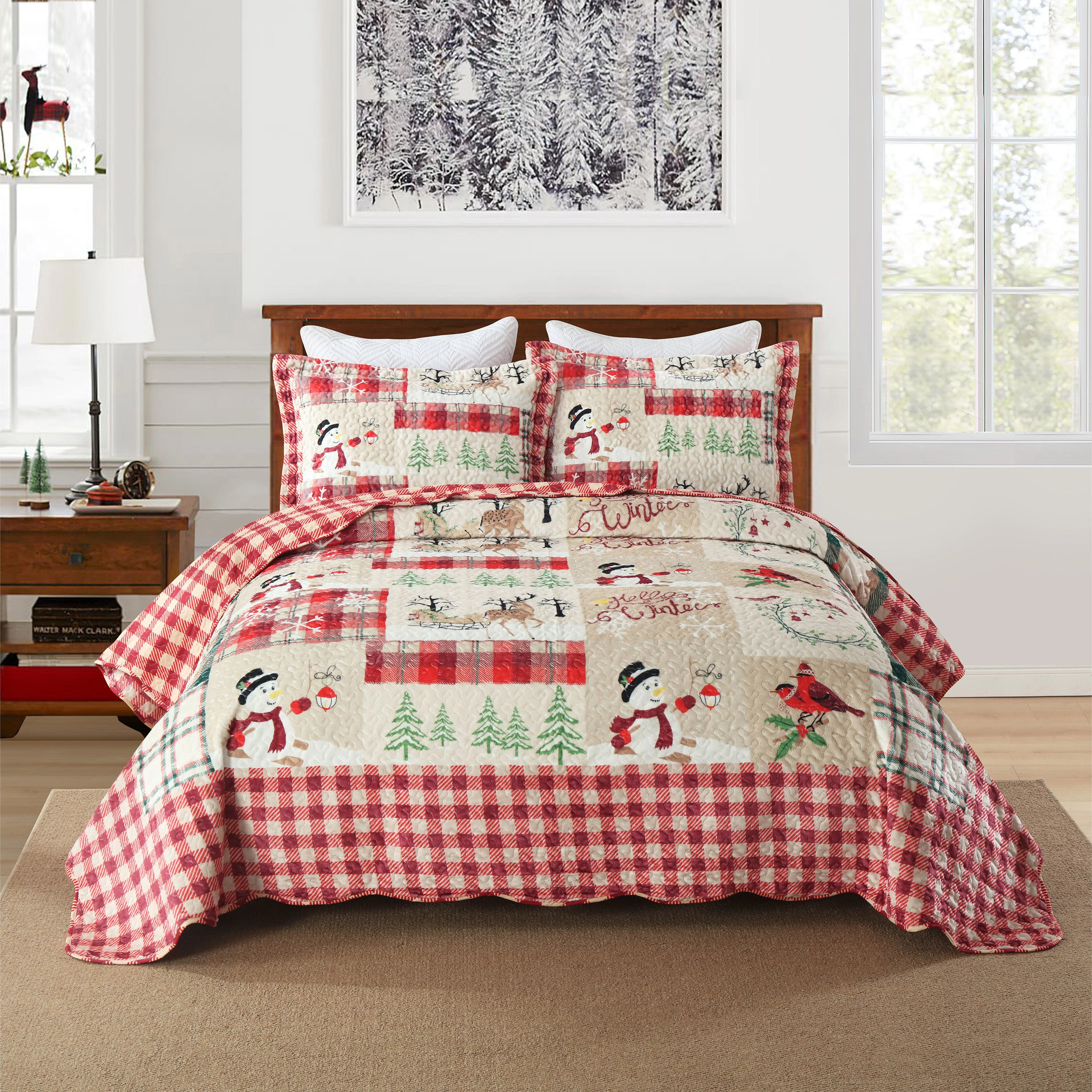 MarCielo 3 Piece Velvet Christmas Quilt Bedspread Set,Holiday Bedding