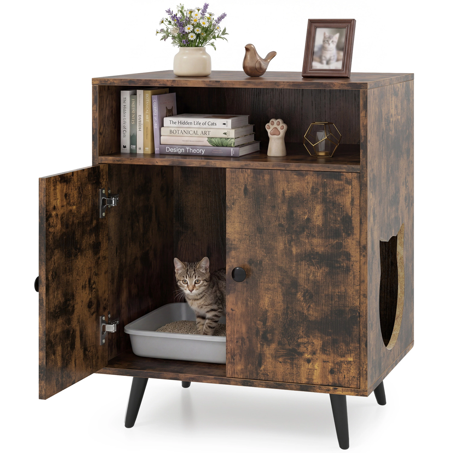 SUGIFT Brown Cat Litter Box Enclosure with Open Compartment 24-in W 18-in D 29.5-in H 110-lb Tabletop Capacity