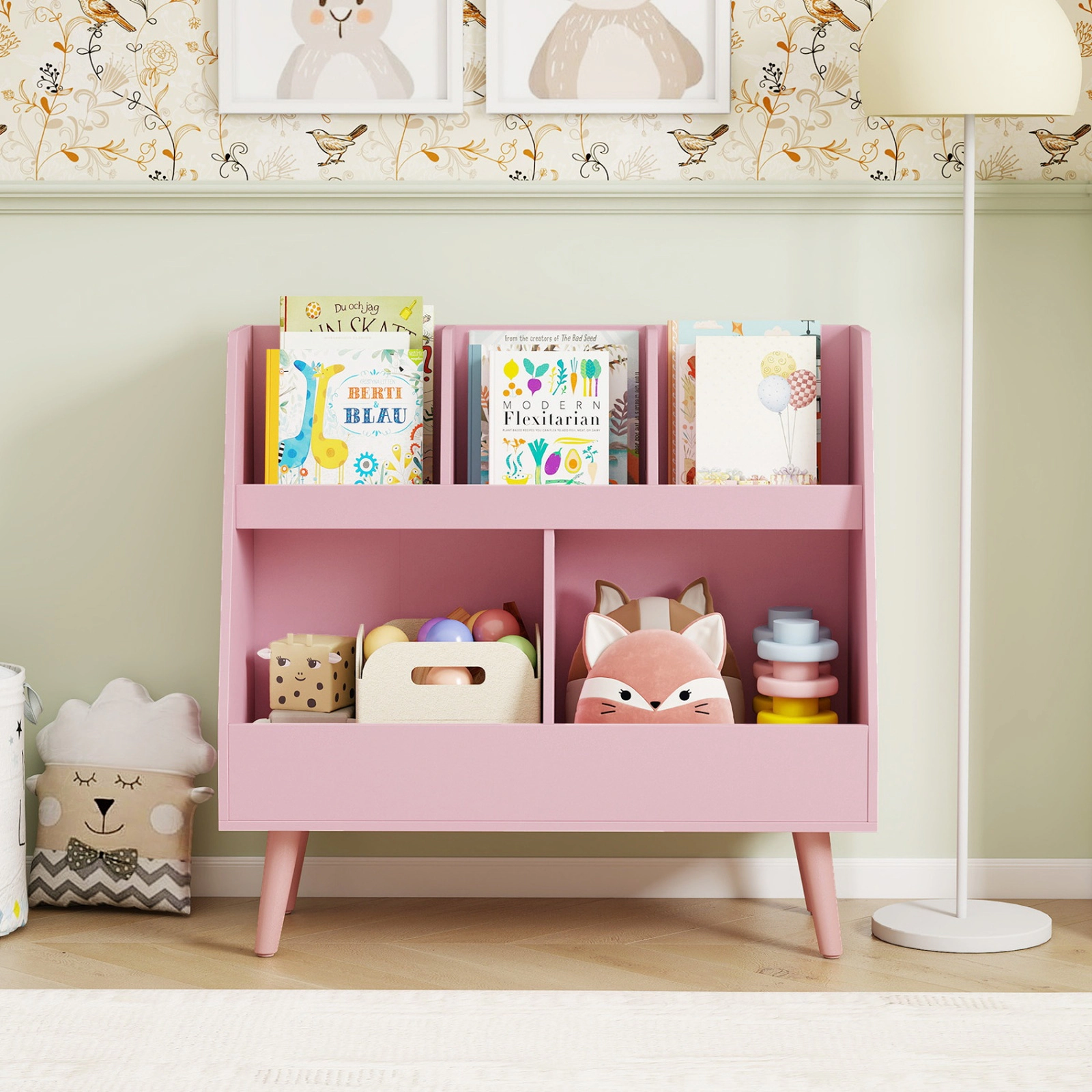 SUGIFT 5-Cube 68-lb Capacity 30-in Pink Kids Bookshelf and Toy Organizer with Anti-Tipping Kits and Wood Legs