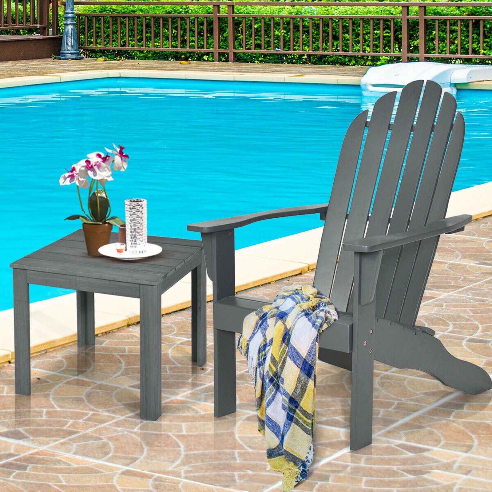 SUGIFT Gray Acacia Wood Adirondack Chair, Slatted Back, Galvanized Hardware, Outdoor Patio