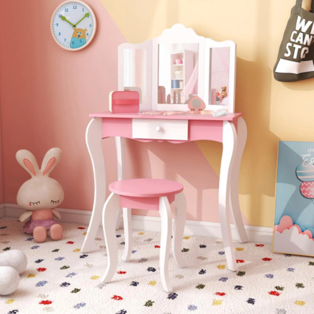 Hivvago Kid'S Wooden Vanity Table And Stool Set  With 3-Panel Acrylic Mirror-White