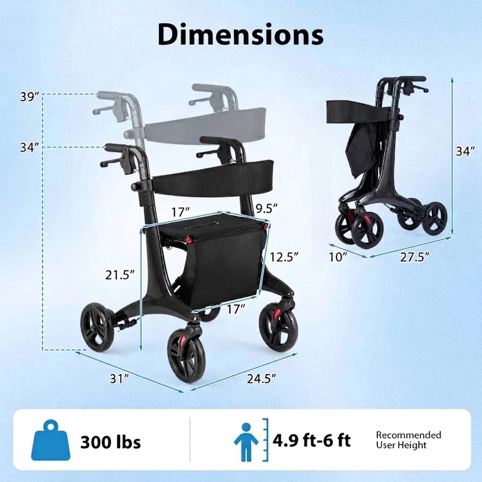 SUGIFT Foldable Rollator Rolling Walker with Seat 300-Lb Capacity Black