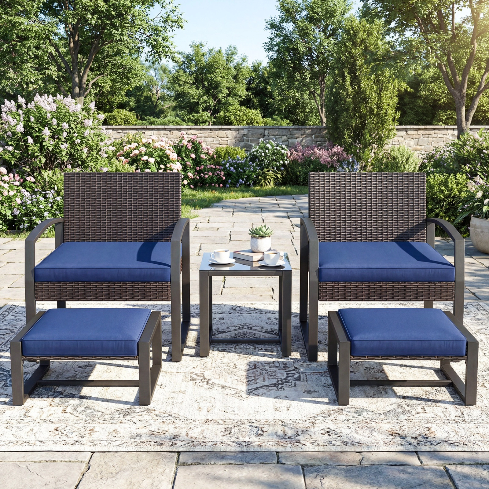 SUGIFT Patio Conversation Set with 2 Ottomans & Tempered Glass Side Table 400-lb Chairs 220-lb Ottomans 165-lb Table Mix