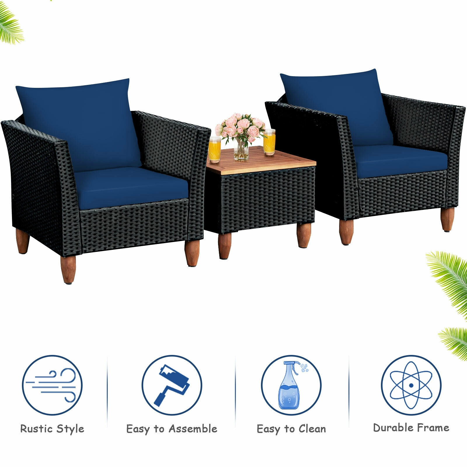 SUGIFT Outdoor Rattan Conversation Set with Acacia Wood Table 400-Lb Chair Capacity Navy