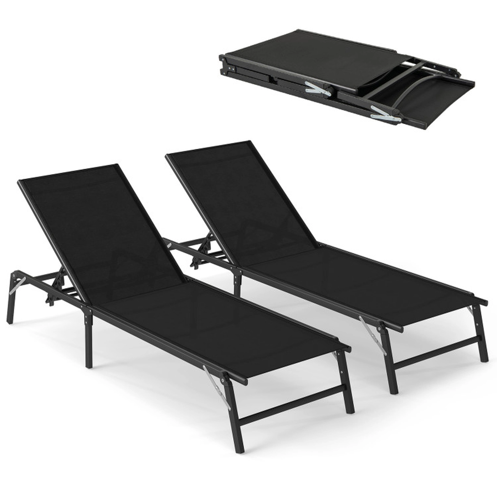 SUGIFT Black 5-Position Backrest 42 in Seat Depth Set of 2 Foldable Patio Chaise Lounge Chairs