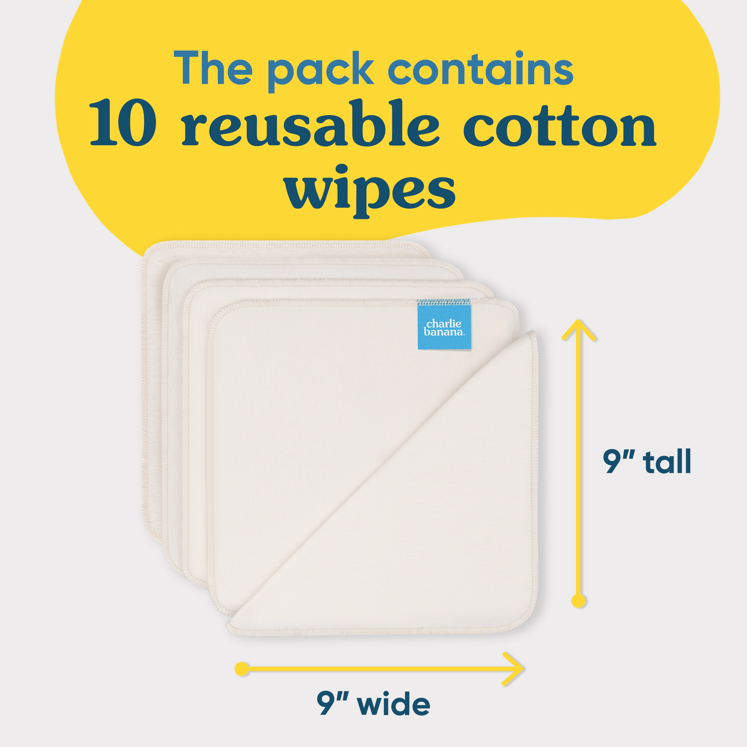 Charlie Banana Organic Cotton Baby Wipes - 10 Reusable 9 x 9 in, OEKO-TEX Certified