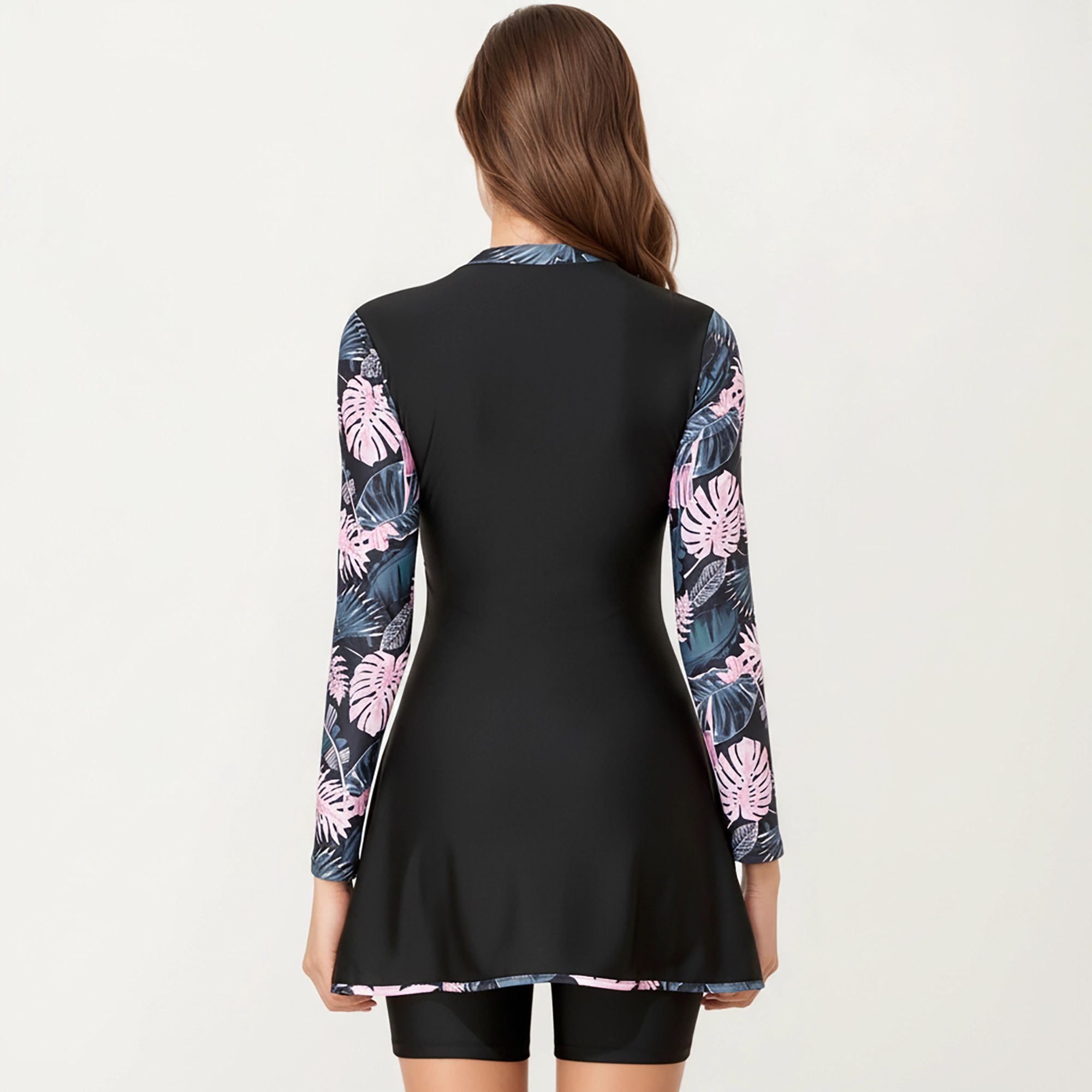 Anna-Kaci Women's 2-Piece Long Sleeve Zip Front Swim Dress with Floral Print and Separate Shorts