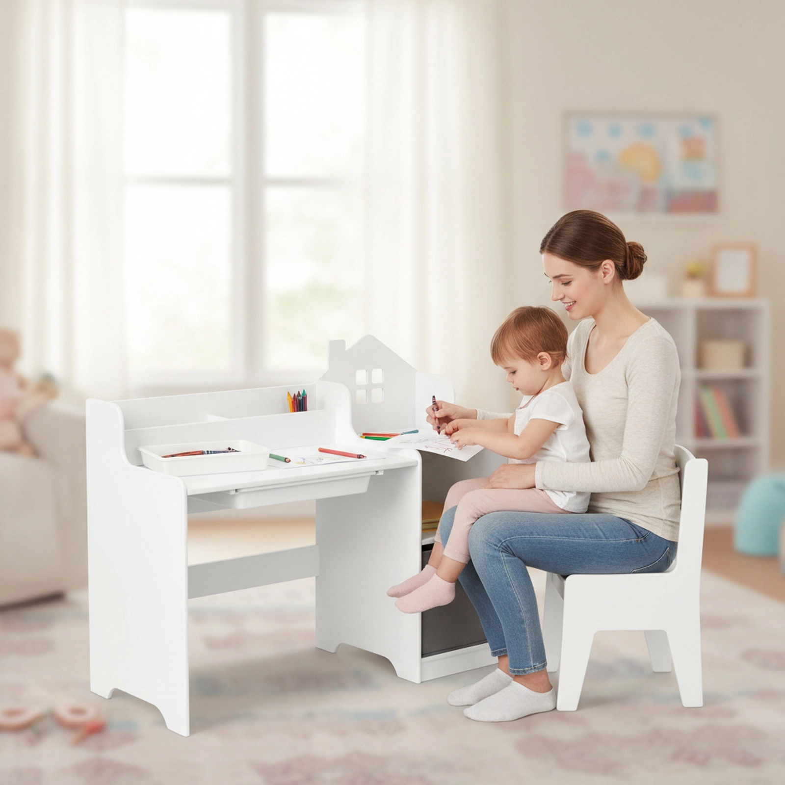 SUGIFT White Kids Desk and Chair Set, 37-Inch Study Desk with Shelves, Drawers and Fabric Bin