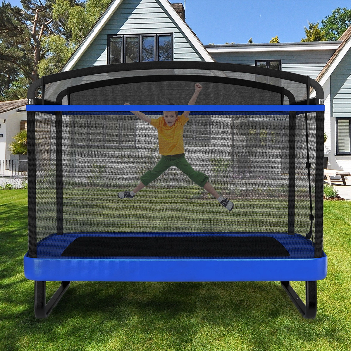 SUGIFT 6 ft Kids Rectangle Trampoline with Swing and Horizontal Bar 132-lb Trampoline Capacity Ages 3+ Blue/Pink