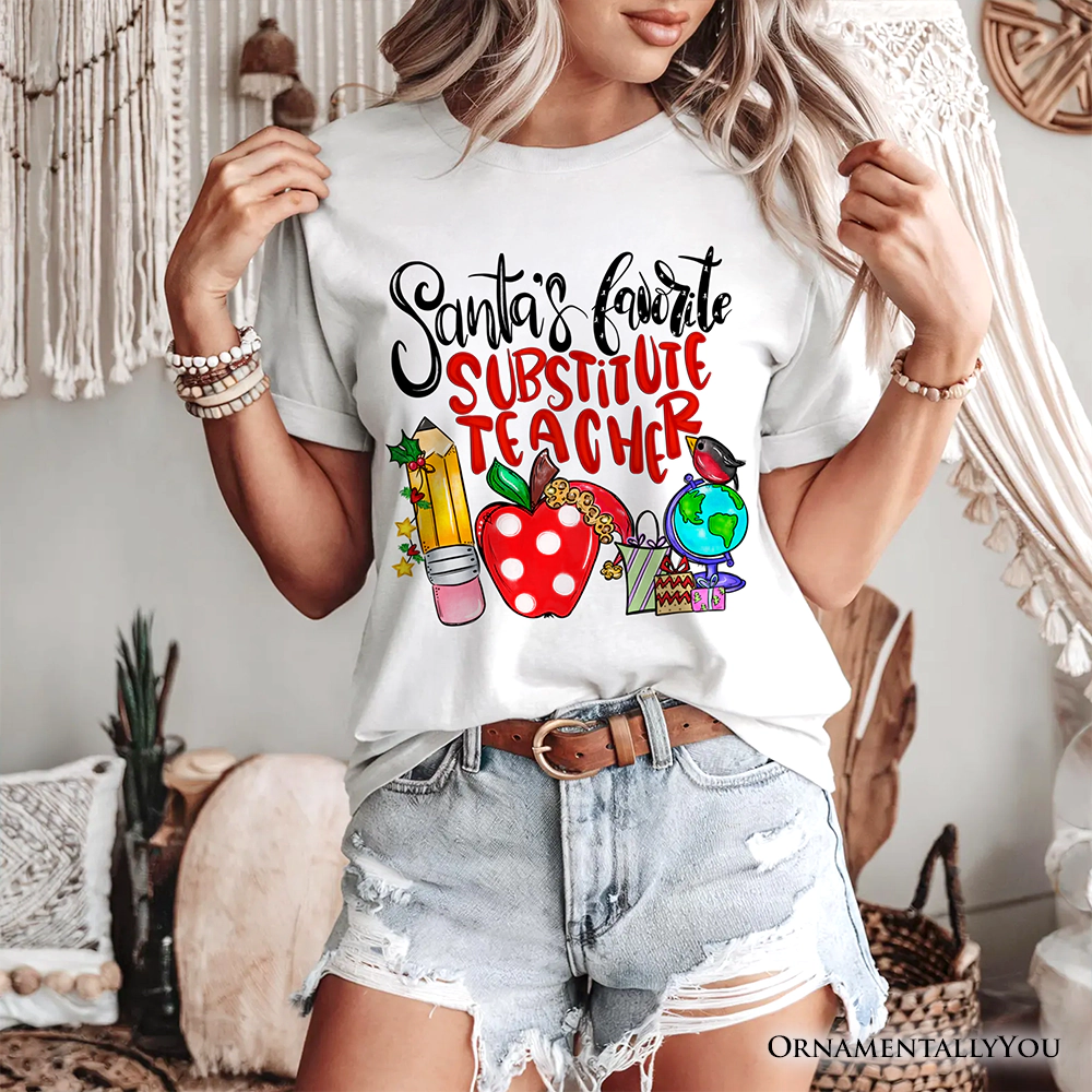 OrnamentallyYou Unisex Santa's Favorite Substitute Teacher Merry Christmas T-Shirt