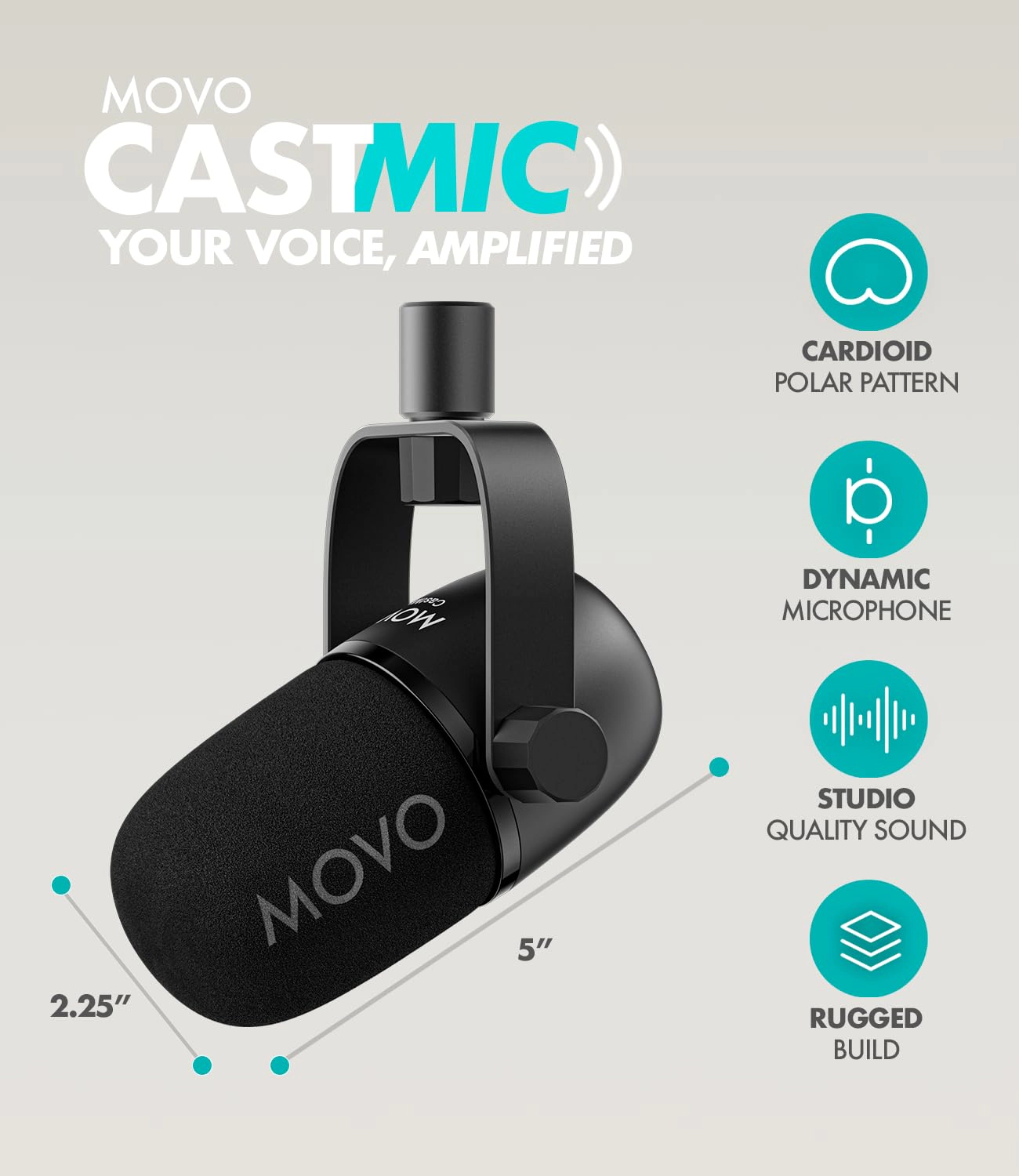Movo CastMic Dynamic XLR Podcast Microphone for PC, Gaming, Streaming, YouTube, and Musicians - Cardioid Podcast Mic