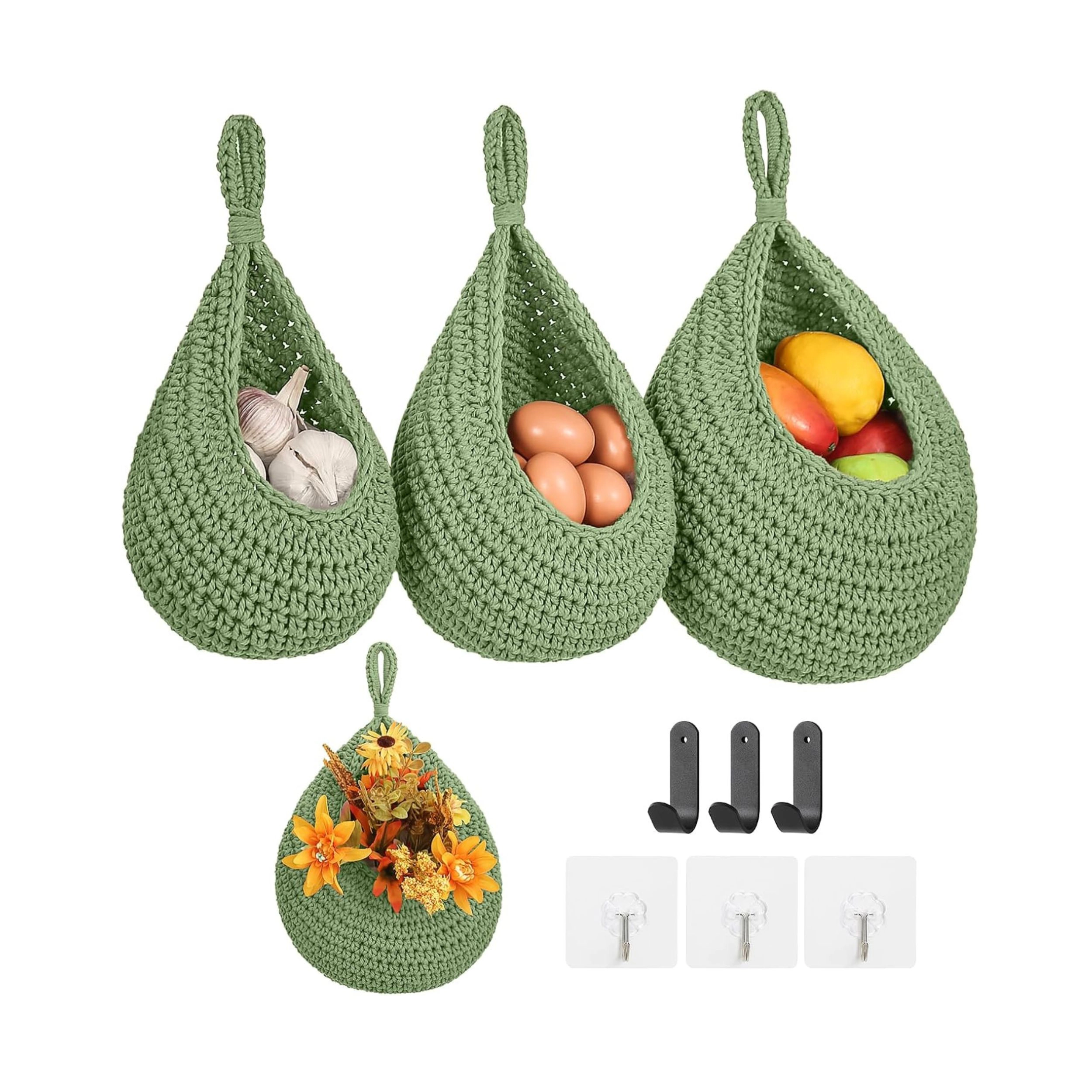 Stock Preferred Pack of 3 Boho Woven Hanging Fruit and Vegetable Storage Baskets with Hooks