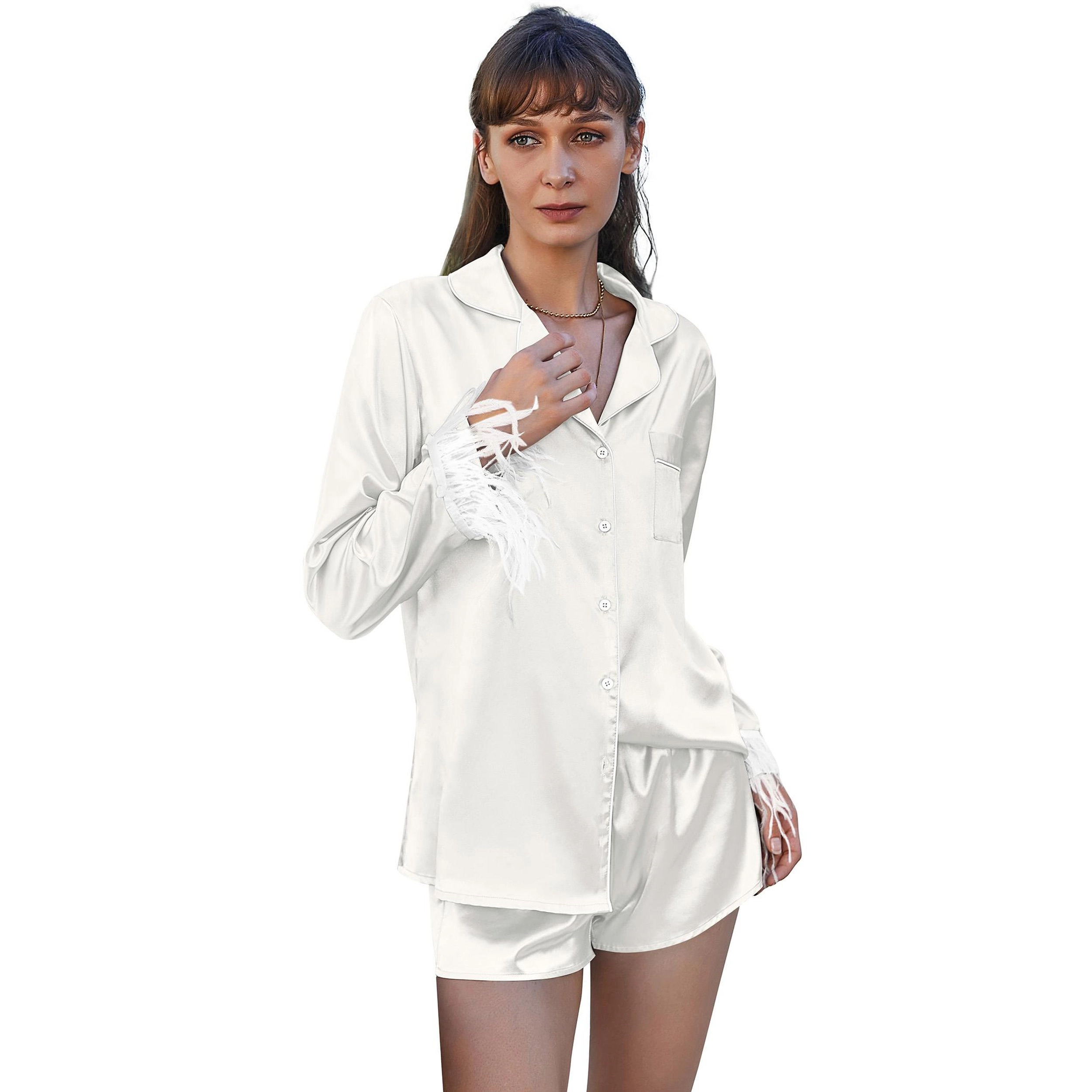 Ekouaer Bridal Feather Pajama Set Silk Satin Valentine’s Day Wedding PJ Long Sleeve