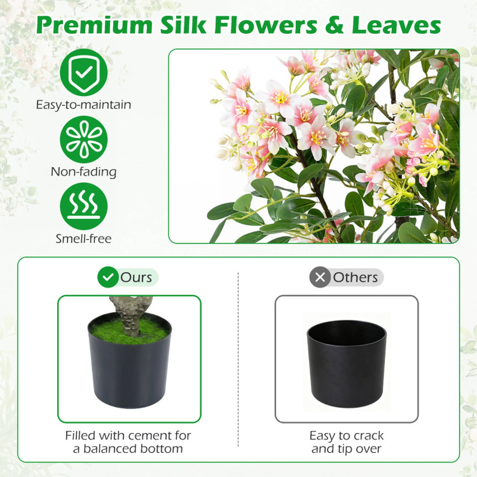 SUGIFT Set of 2 36-in Artificial Impatiens Trees with 210 Silk Flowers Mini Fruits and Cement Base Pink