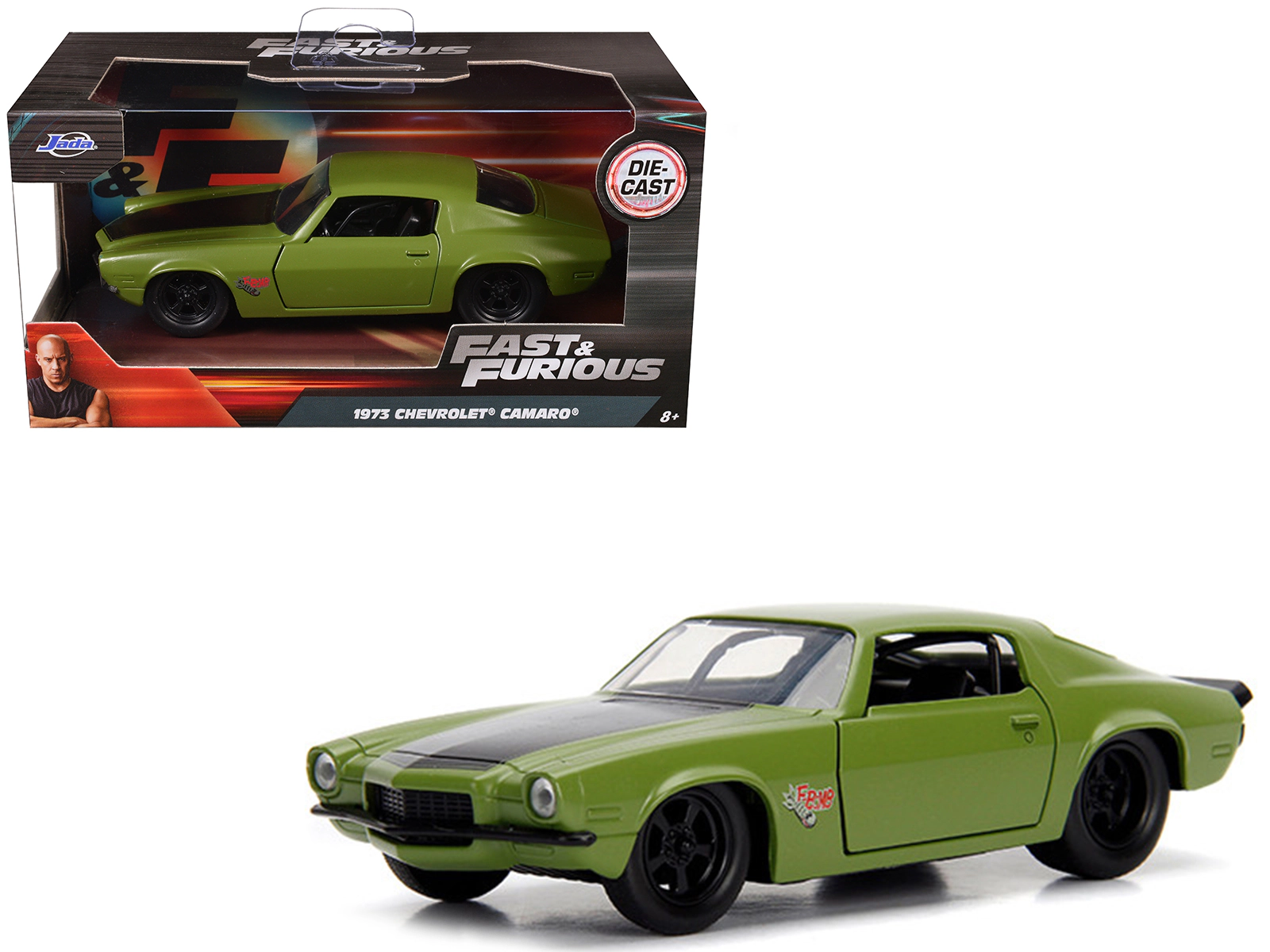 Jada Dom's 1973 Chevrolet Camaro "F-Bomb" Matt Green with Black Hood Stripe "Fast & Furious" Movie 1/32